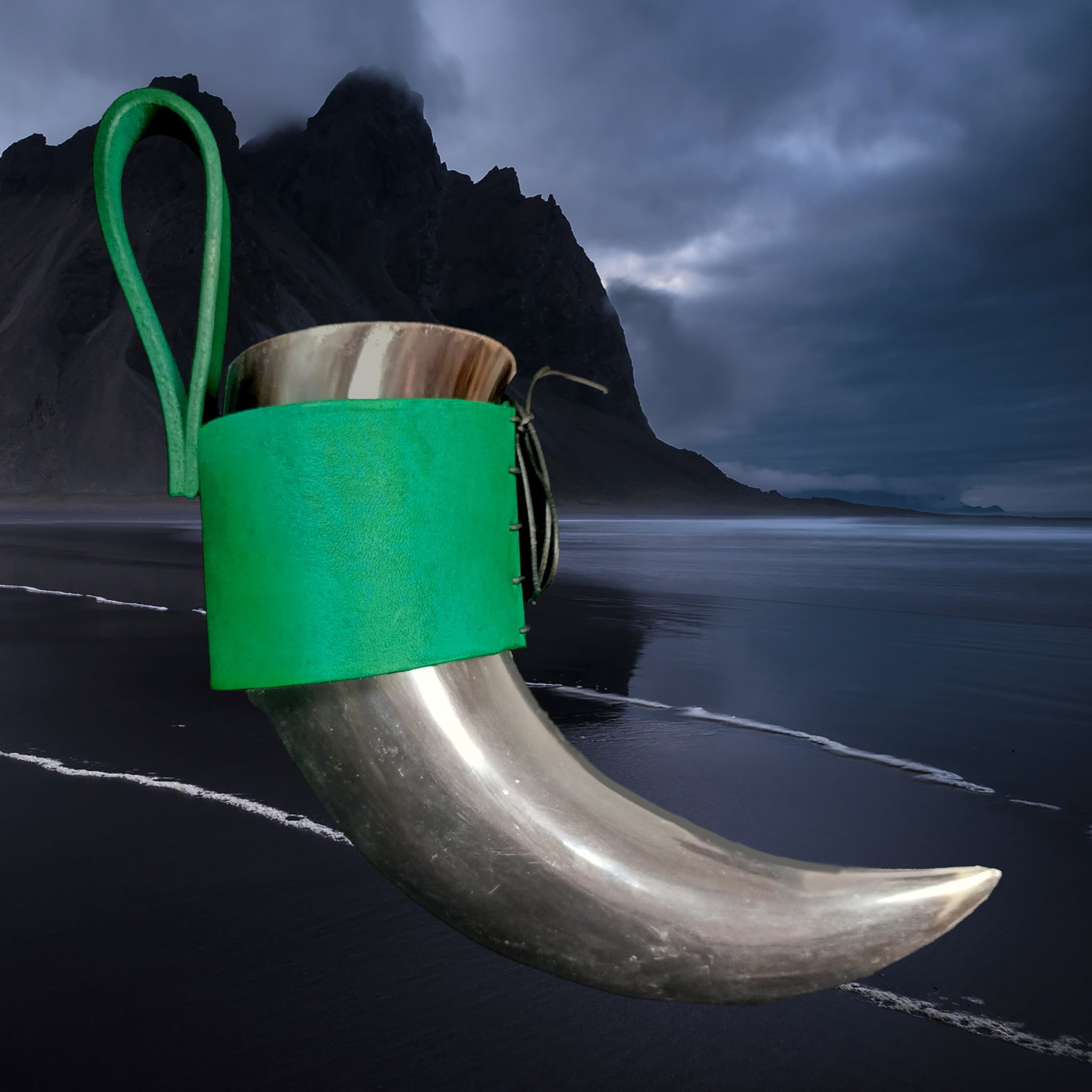 Green Leather Viking Drinking Horn Belt Hanger on Medium Drinking Horn