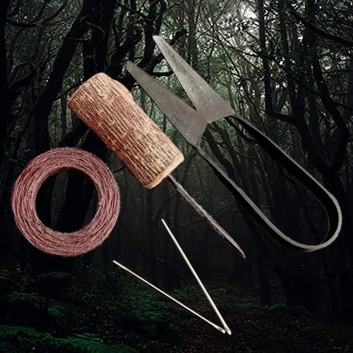 Complete Viking Age Leather Sewing Kit - Birch Wood Handle Awl, Steel Harness Needles, Waxed Linen Thread & Iron Snips