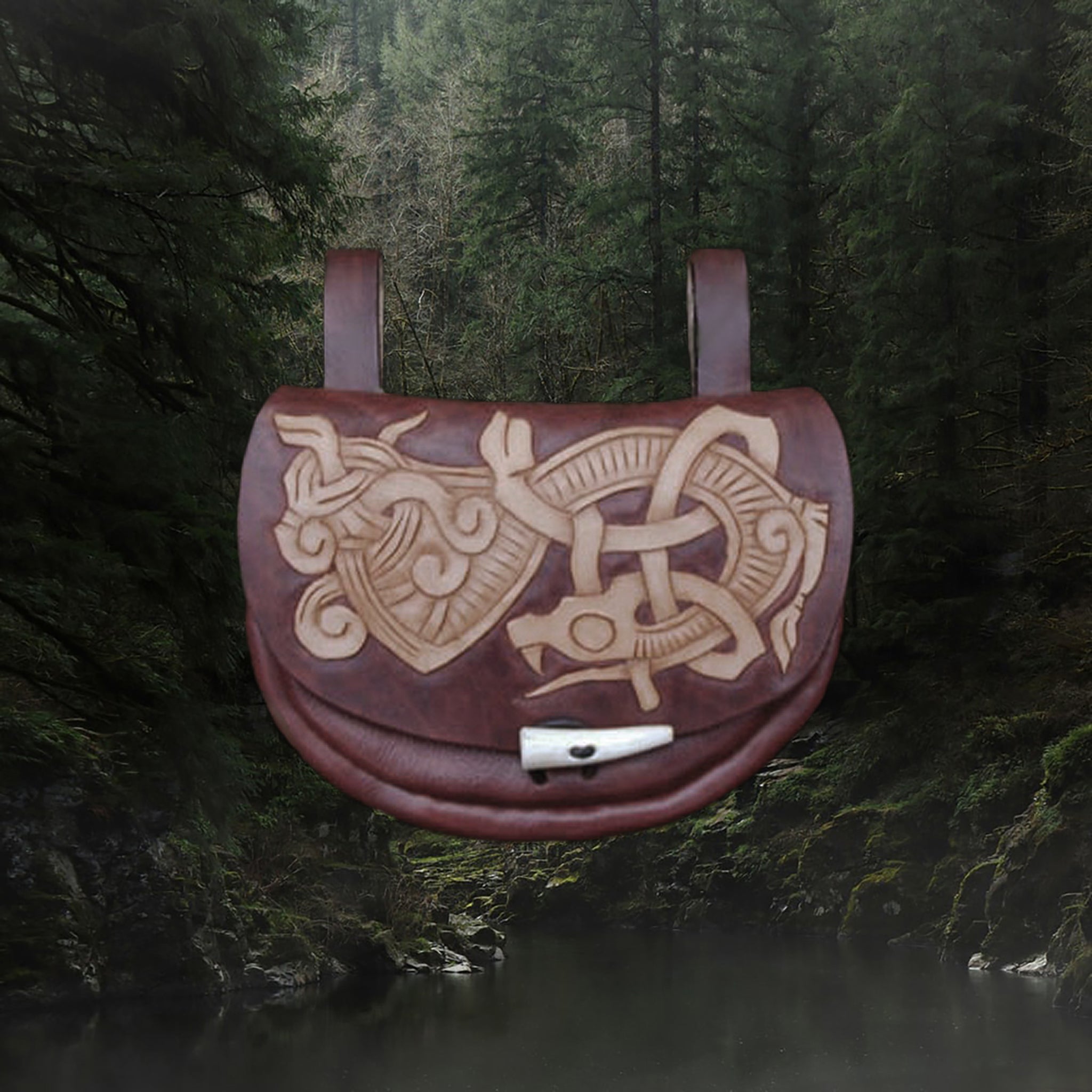 Custom Made Turned Leather Viking Belt Pouch - Brown with Jelling Dragon Design