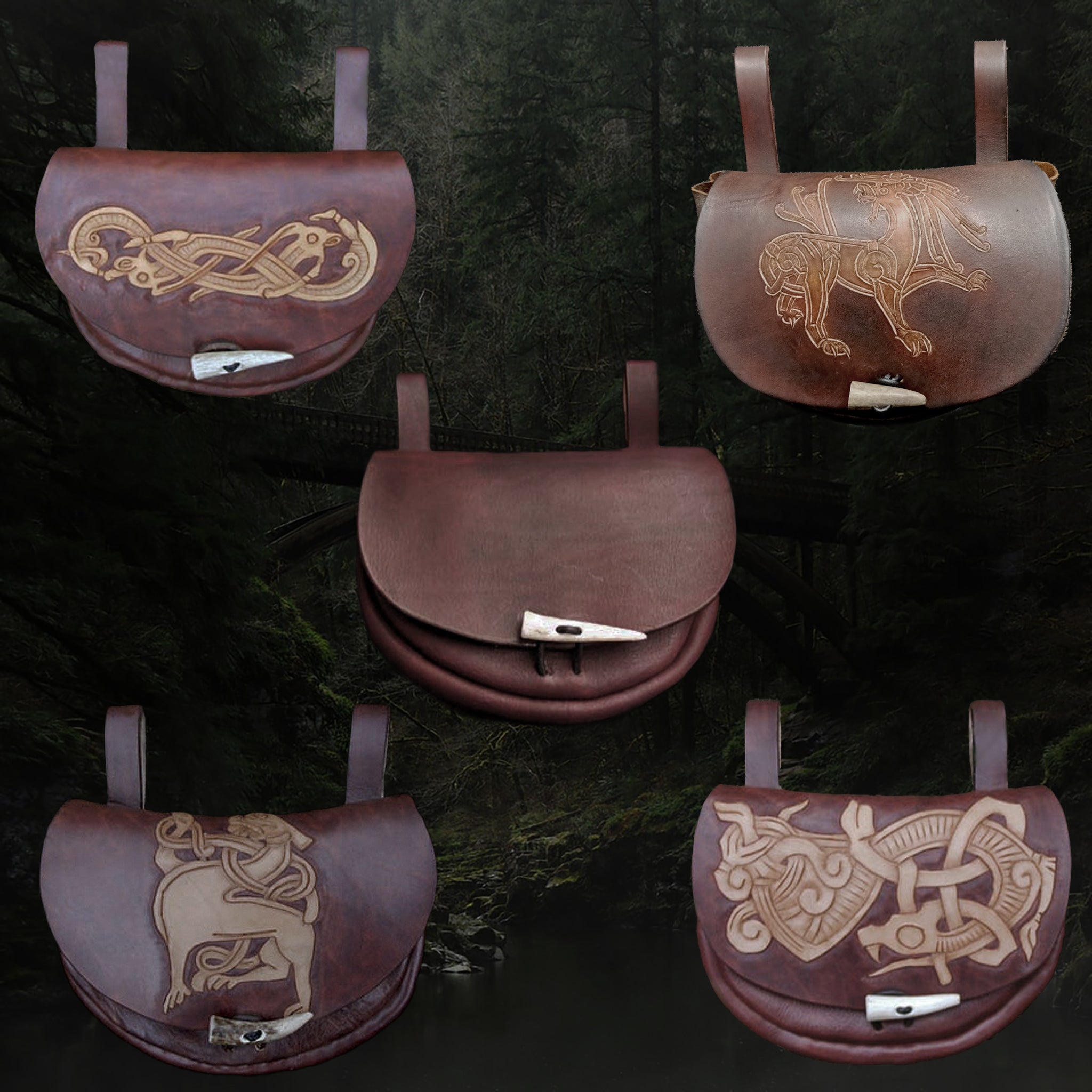 Custom Made Turned Leather Viking Belt Pouches in 4 Designs