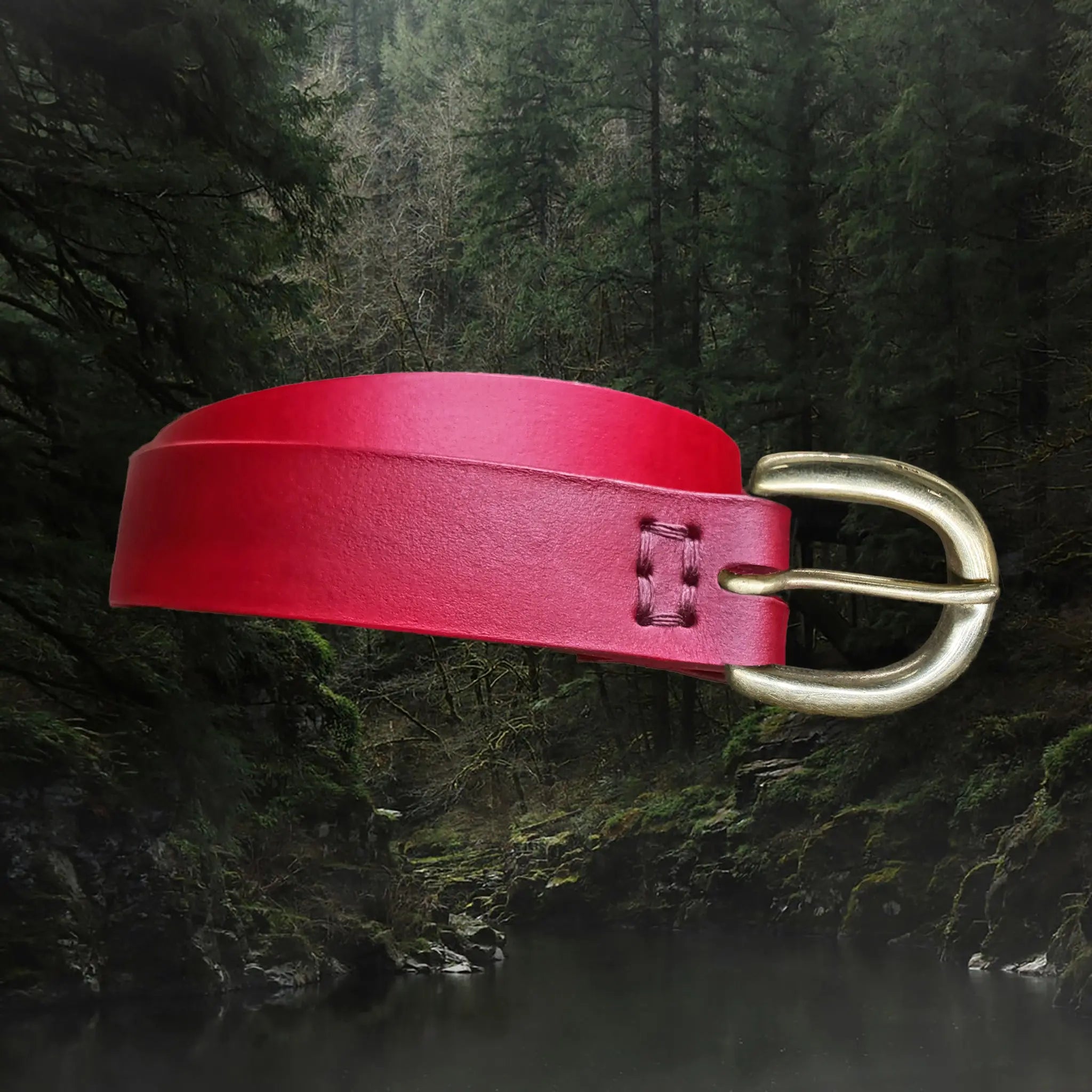 Handmade Long Leather Replica Viking Belt with Brass Buckle - Red 25mm Width