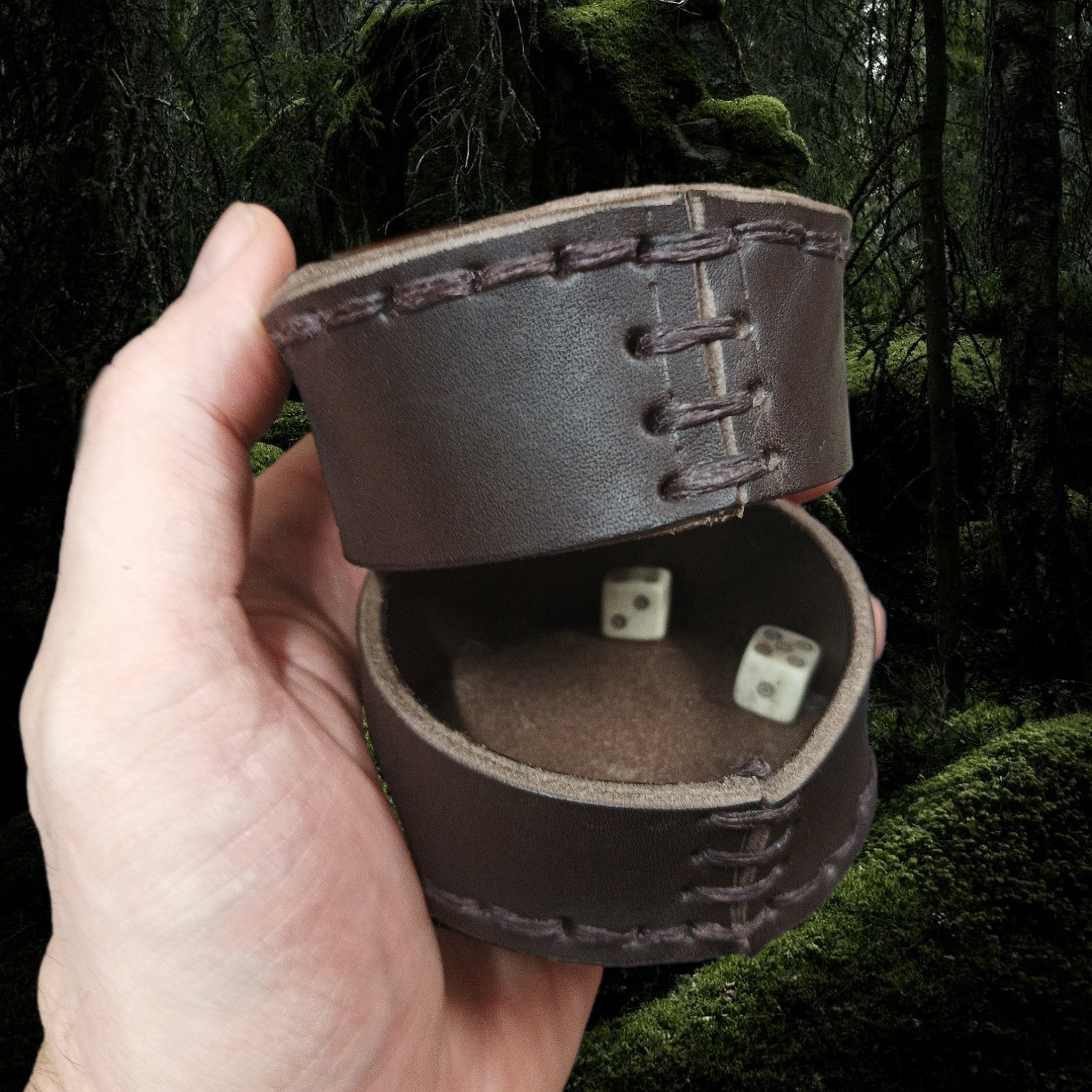 Handmade Leather Meier Dice Shaker with Dice in Hand