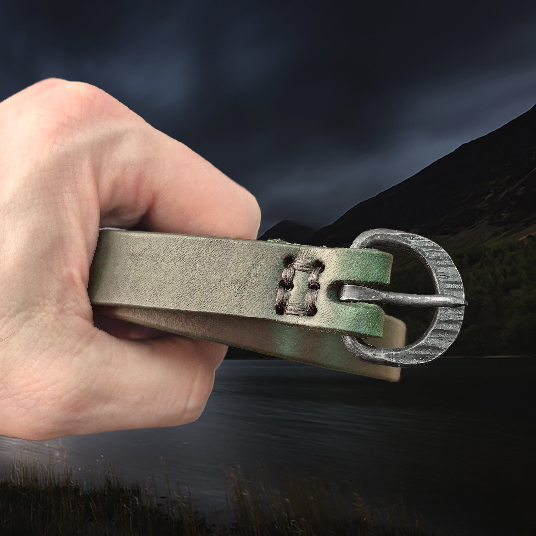 Long Leather Viking / Medieval Belt, Complete with Hand-Forged D-Shaped 20mm Width Iron Buckle and Dyed Green Strap