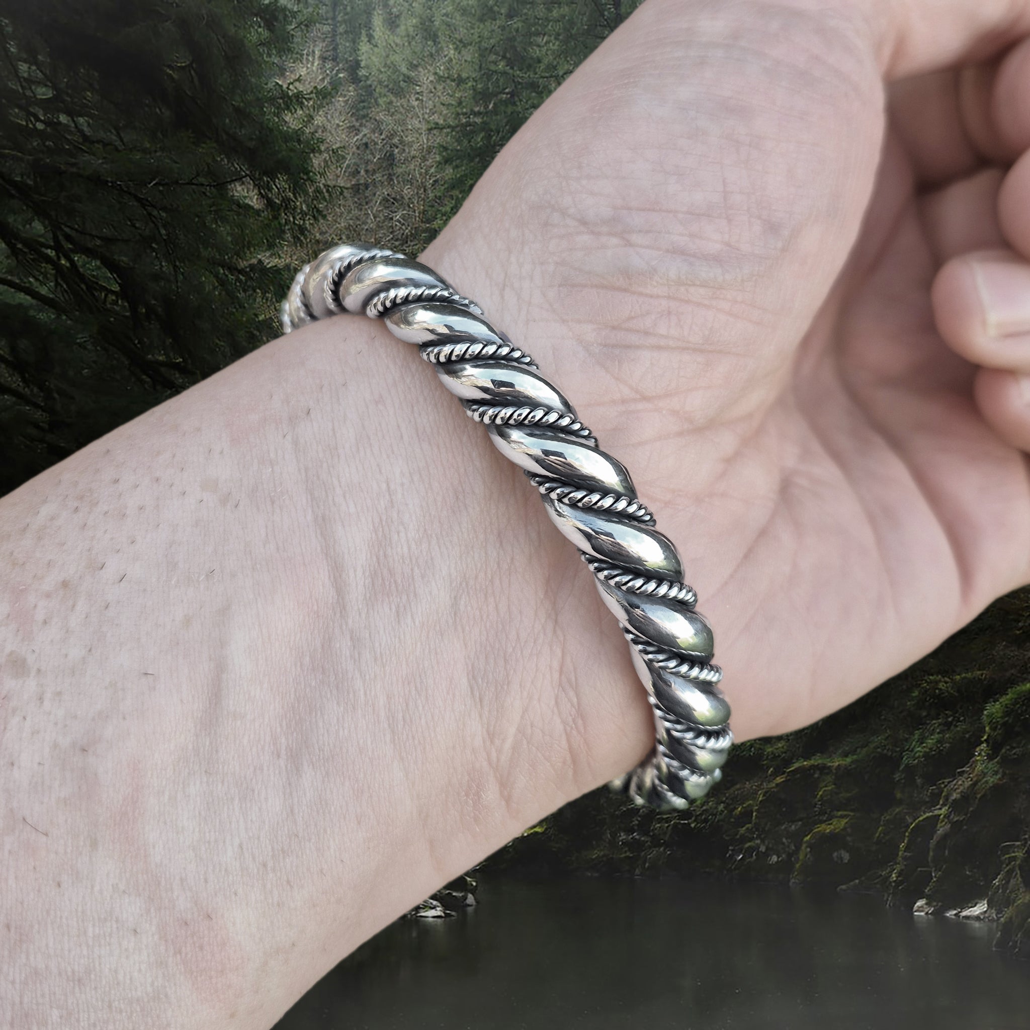 Thick Twisted Silver Arm Ring With Gotlandic Dragon Heads on Wrist - Back View