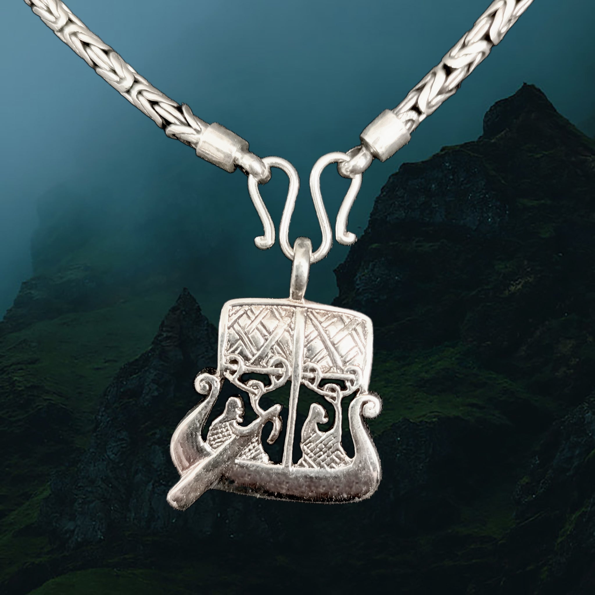 3mm Silver Viking King Chain Necklace With Loop Heads, Butterfly Fitting & Silver Gotland Stoneship Pendant