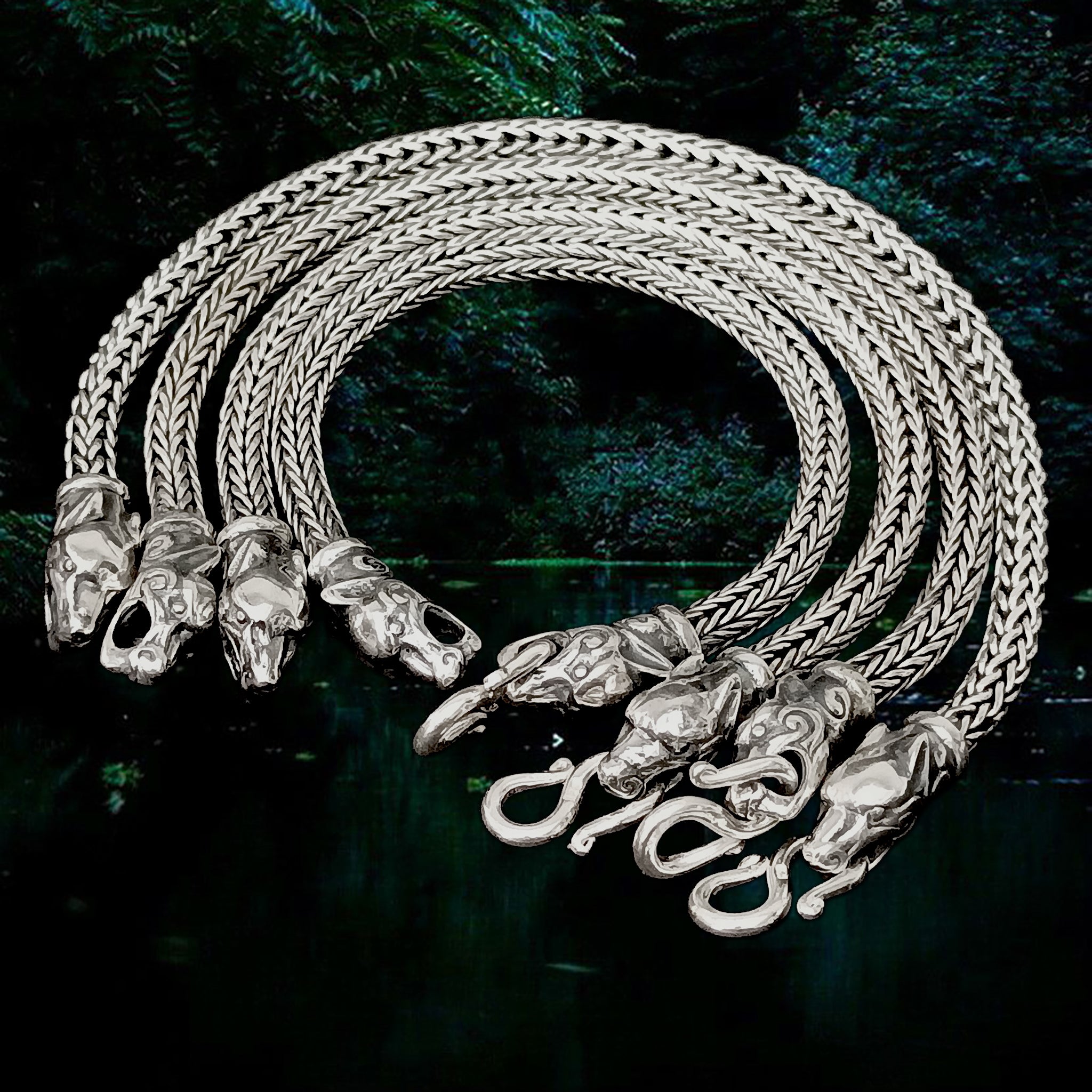 5mm Silver Snake Bracelet sWith Ferocious Wolf Heads - Viking Jewelry