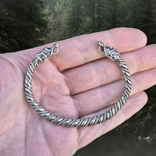 6mm Thick Twisted Silver Bracelet With Gotlandic Dragon Heads on Hand
