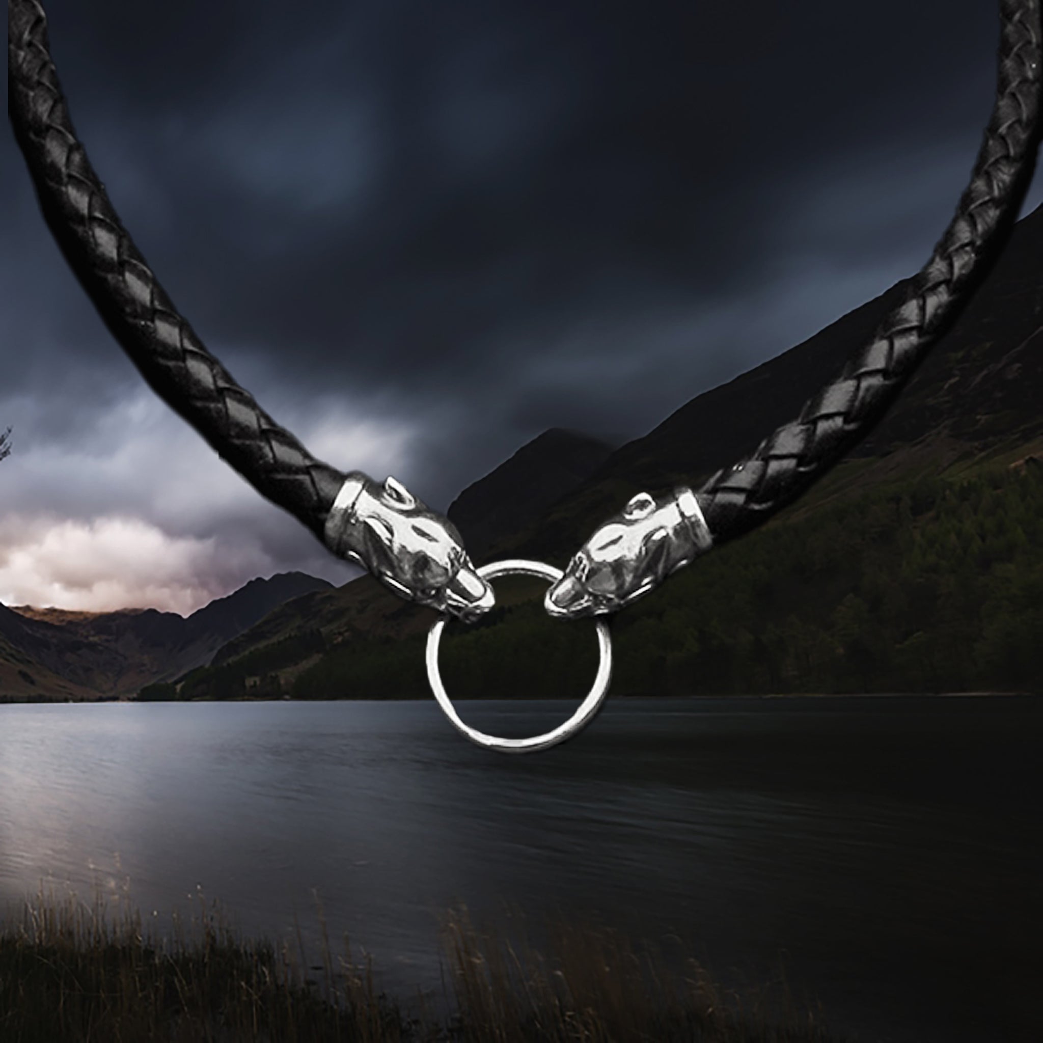 8mm Width Braided Leather Necklace with Silver Ferocious Wolf Heads & Split Ring