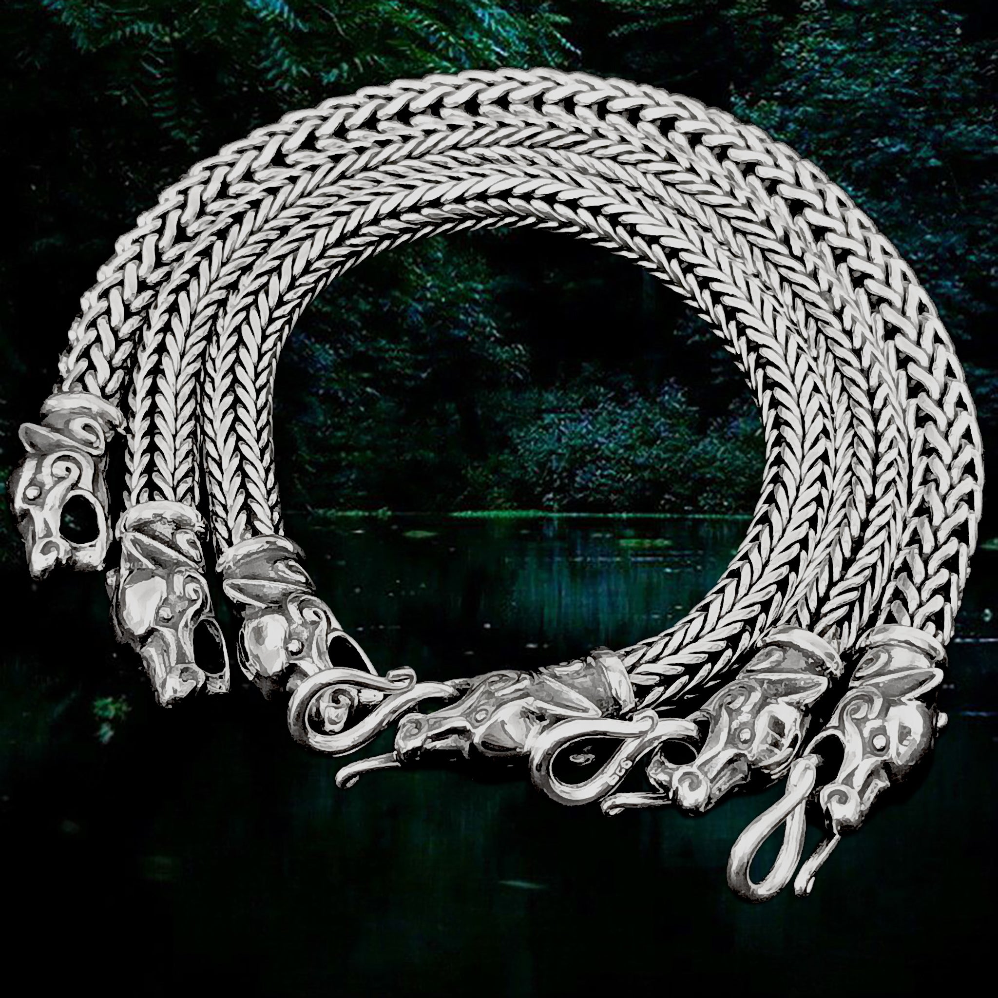 8mm Silver Snake Bracelets With Ferocious Wolf Heads - Vking Jewelry