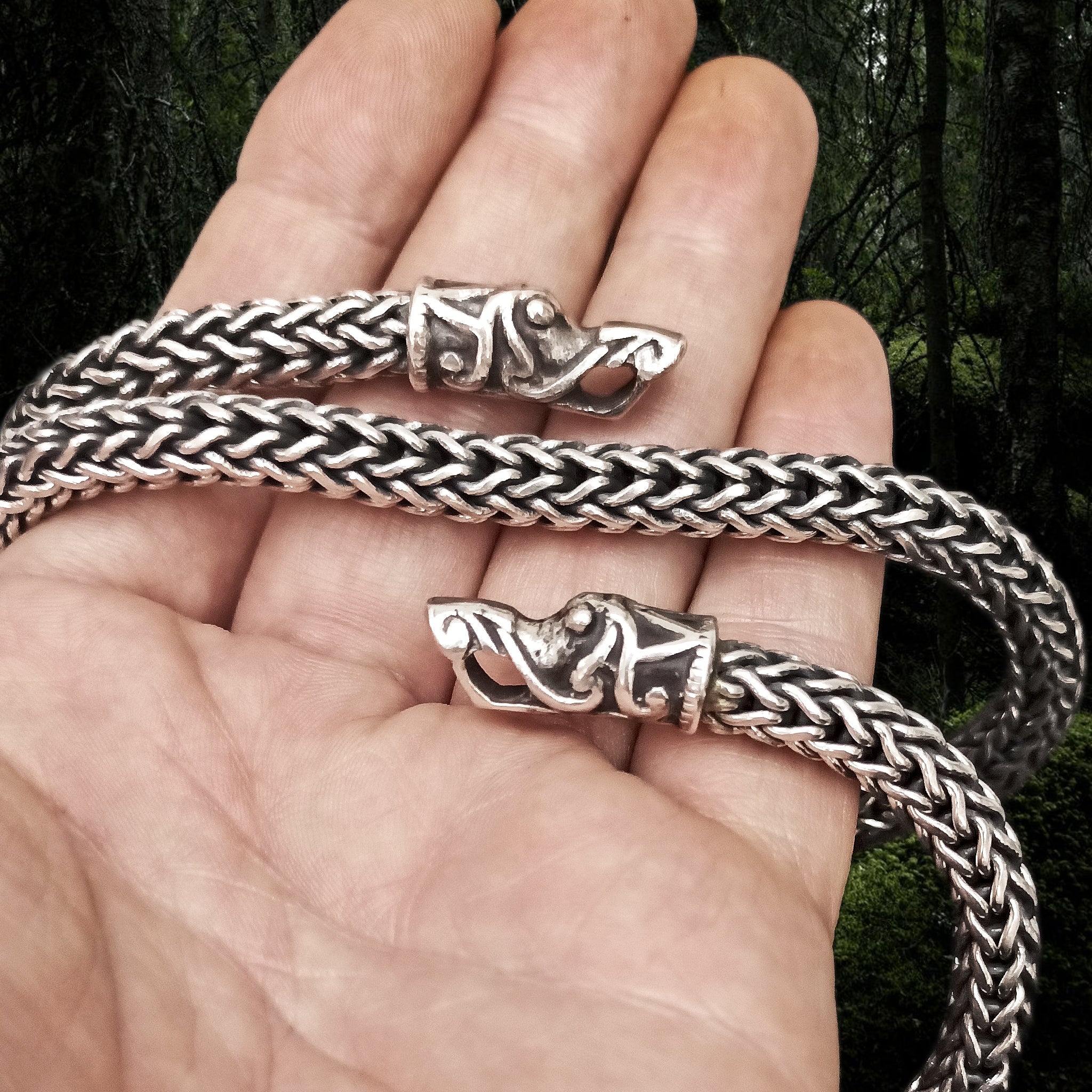 8mm Thick Silver Snake Chain Thors Hammer Necklace - Gotland Dragon Heads on Hand