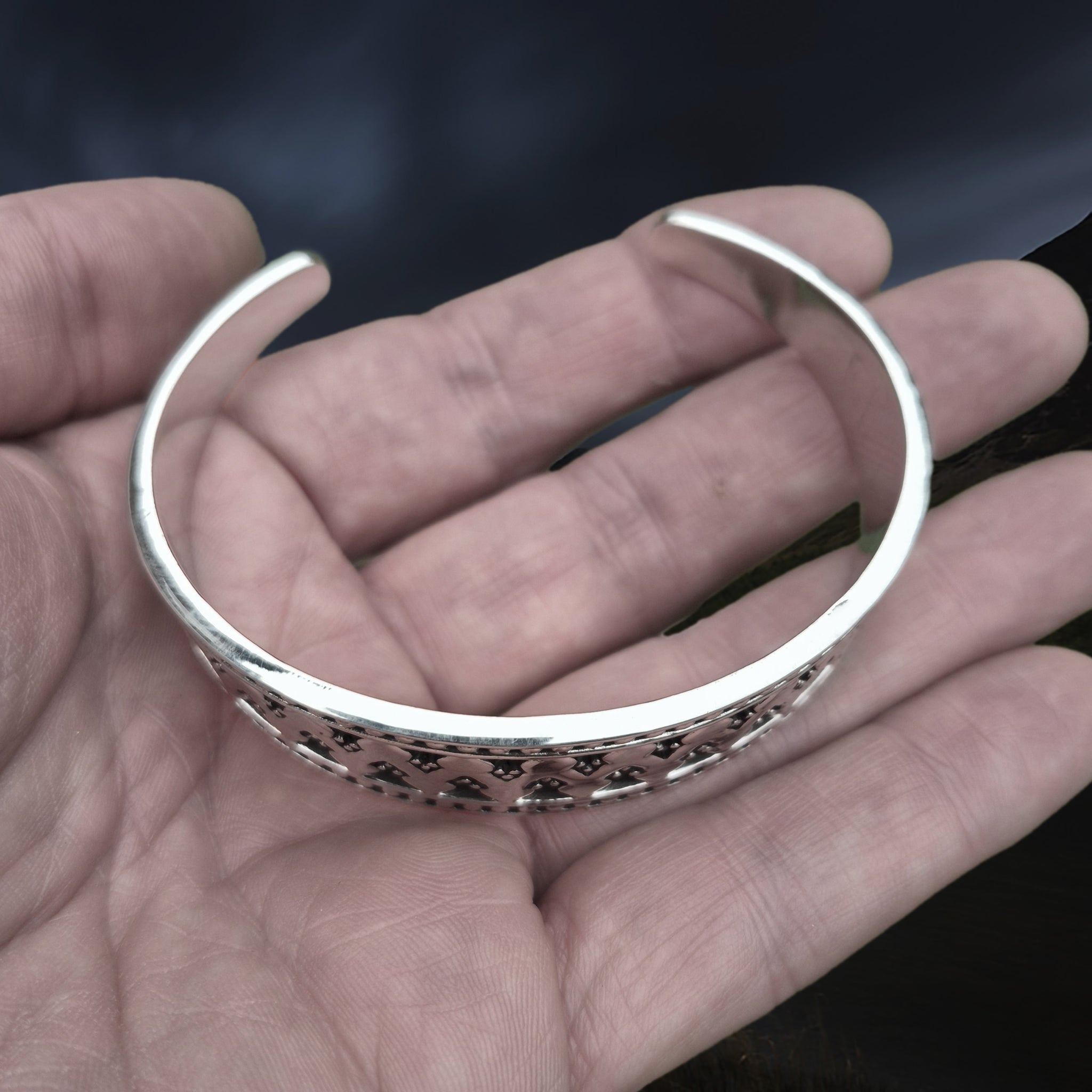 Silver Viking Bracelet / Arm Ring Replica From Anglesey with 3 Dot Design on Hand - Above Angle View