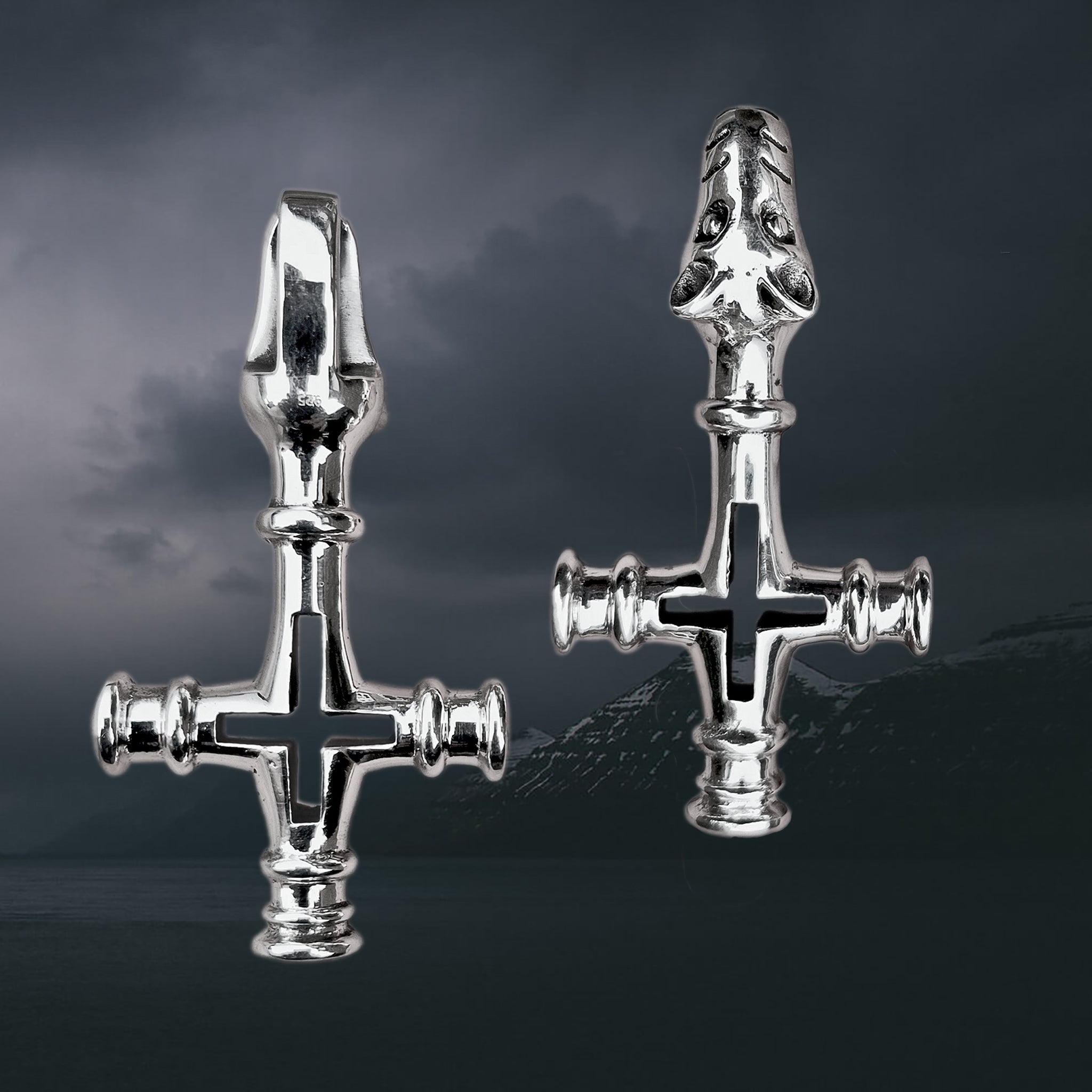 Large Silver Icelandic Wolf Cross Hammer Replica Pendant - Back and Front View