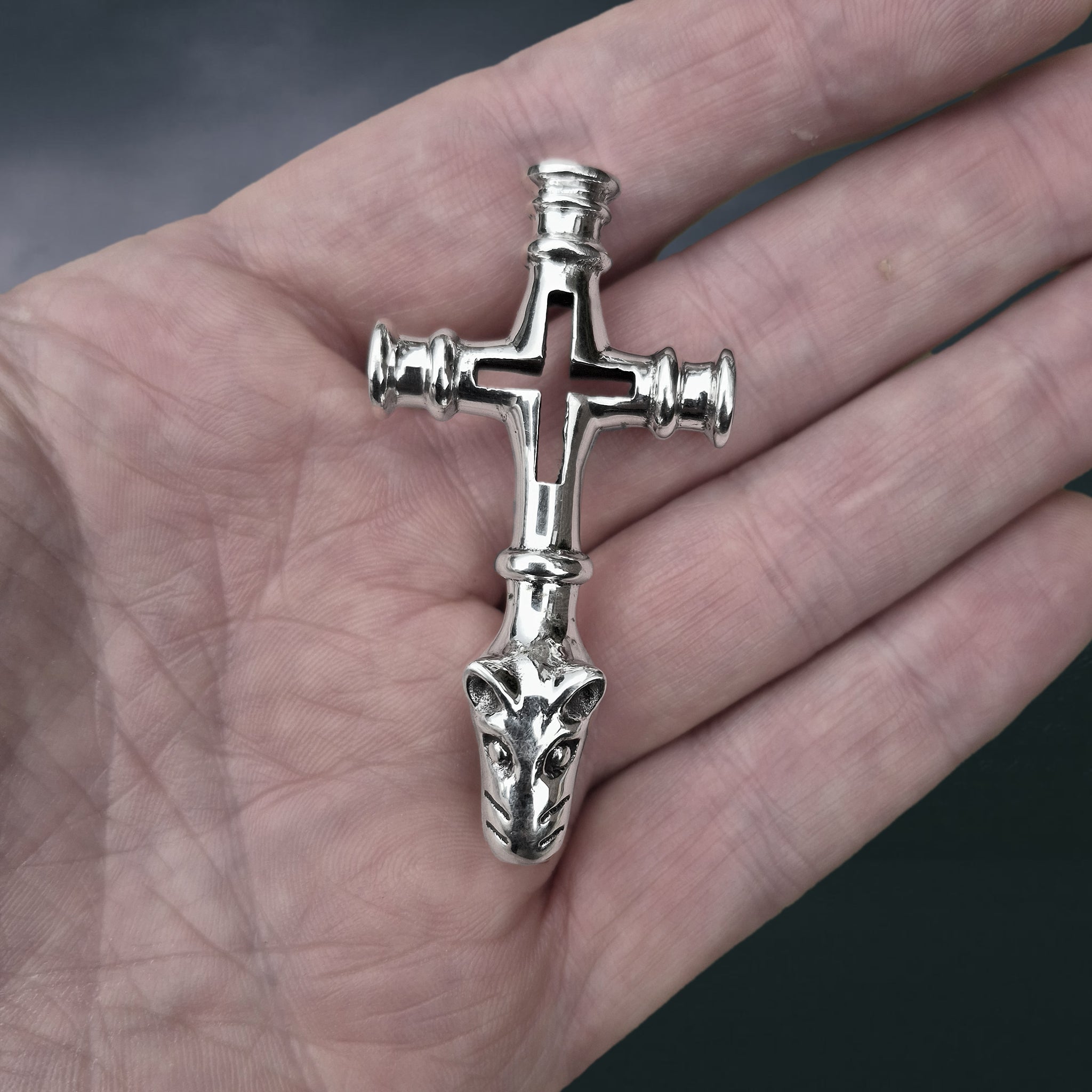Large Silver Icelandic Wolf Cross Hammer Replica Pendant on Hand