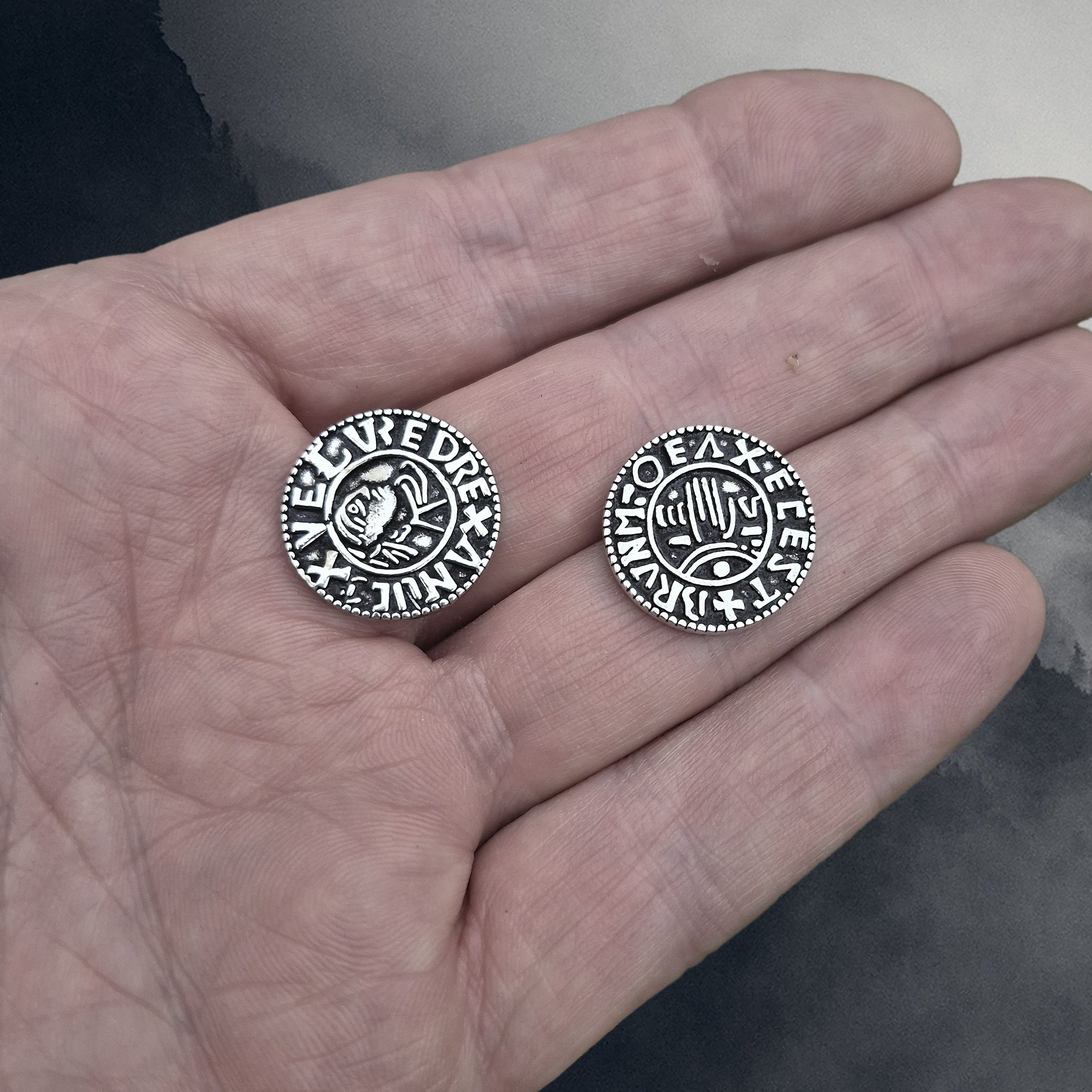 Silver Replica Saxon Aethelred II Pennies from Somerset, England, UK on Hand x 2 - Back and Front View