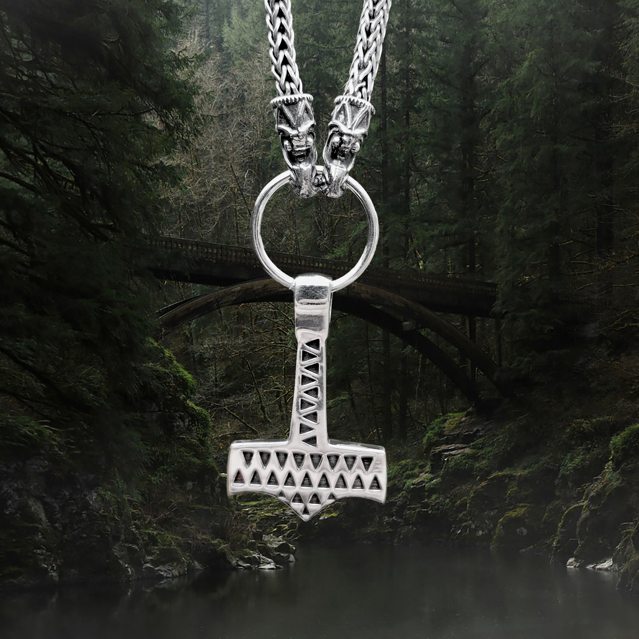 Silver Viking Thor's Hammer Pendant Replica Covered in Embossed Triangular Designs from Vålse, Denmark, 10th Century on Silver Split Ring and 5mm Silver Gotland Dragon Heads Snake Chain Necklace