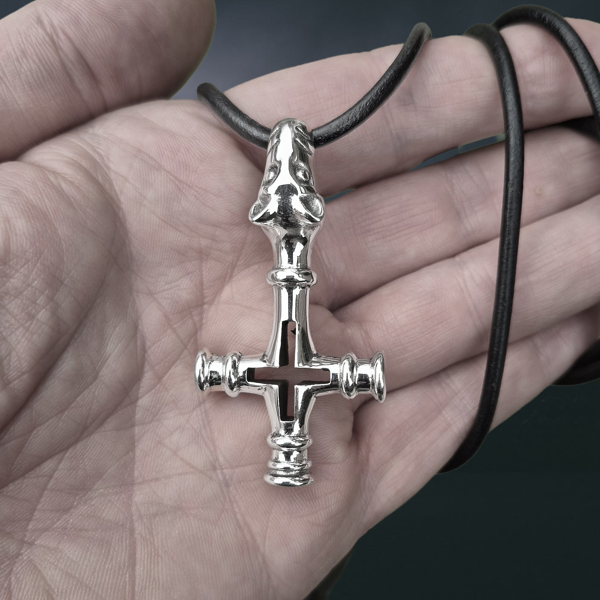 Large Silver Icelandic Wolf Cross Hammer Replica Pendant on 3mm Black Leather Cord - on Hand