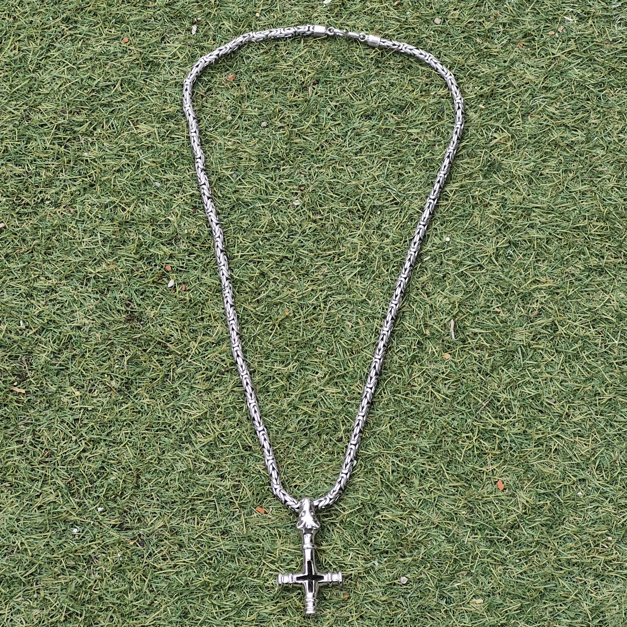 Large Silver Icelandic Wolf Cross Hammer Replica Pendant on 5mm Silver King Chain