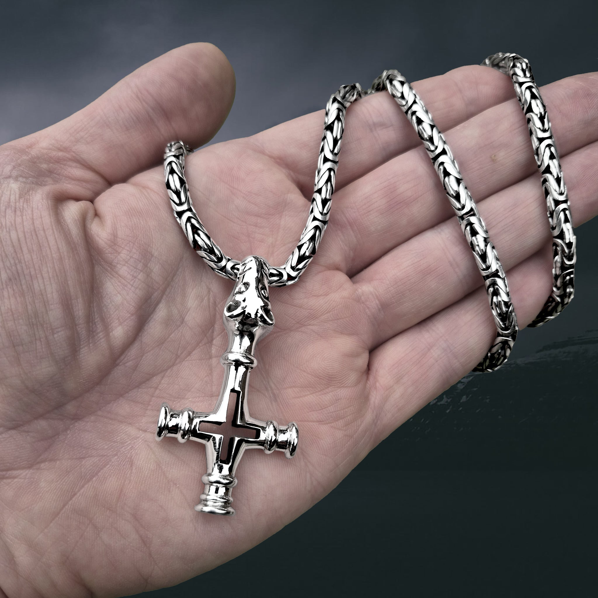 Large Silver Icelandic Wolf Cross Hammer Replica Pendant on 5mm Silver King Chain on Hand