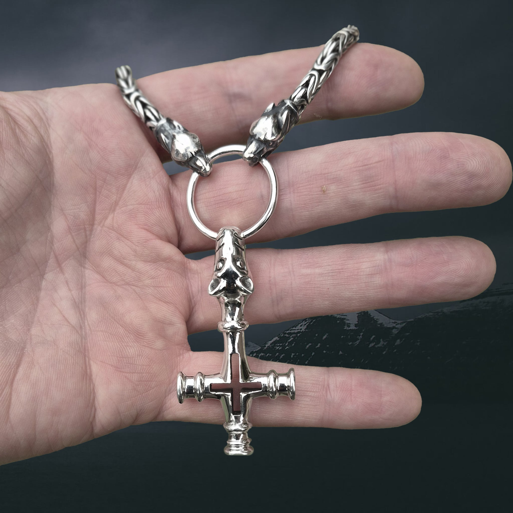 Large Silver Icelandic Wolf Cross Hammer Replica Pendant on Silver Split Ring on 5mm Silver King Chain with Ferocious Wolf Heads - on Hand