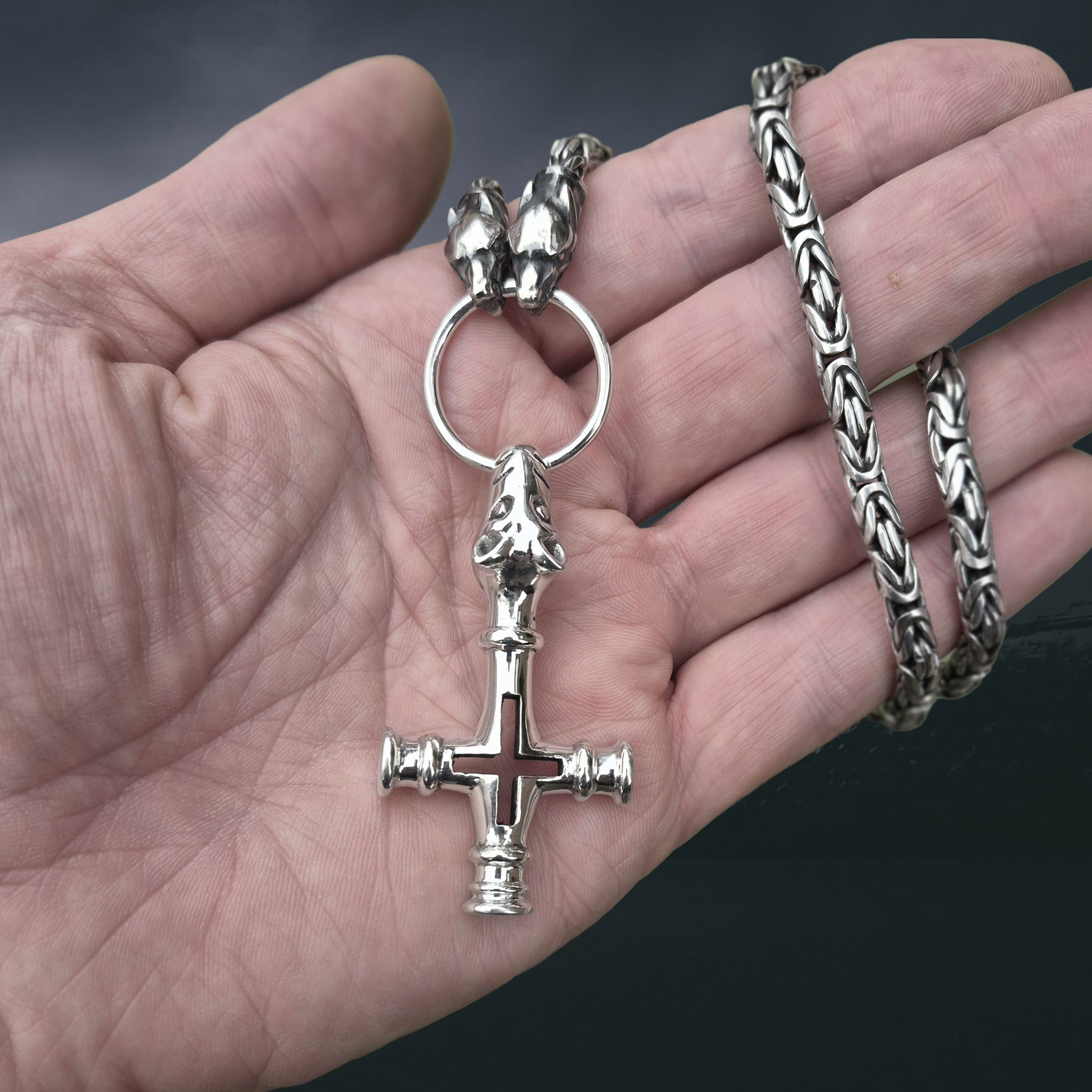 Large Silver Icelandic Wolf Cross Hammer Replica Pendant on Silver Split Ring on 5mm Silver King Chain with Ferocious Wolf Heads Wrapped Around Hand