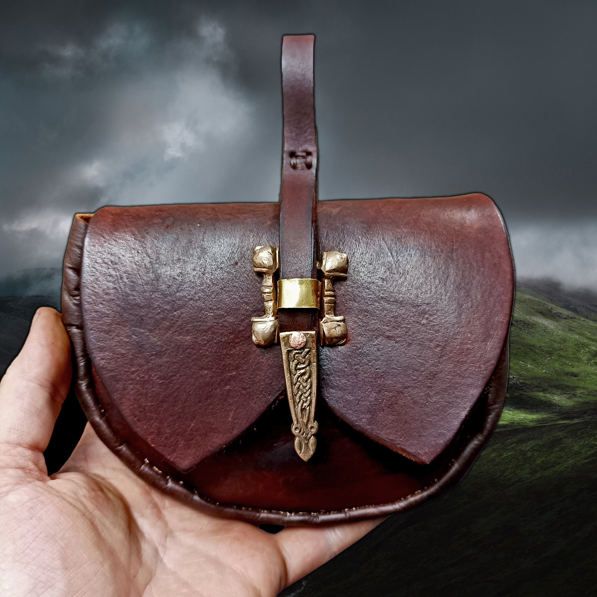 Custom Made Brown Leather Swedish Viking Belt Pouch in Hand