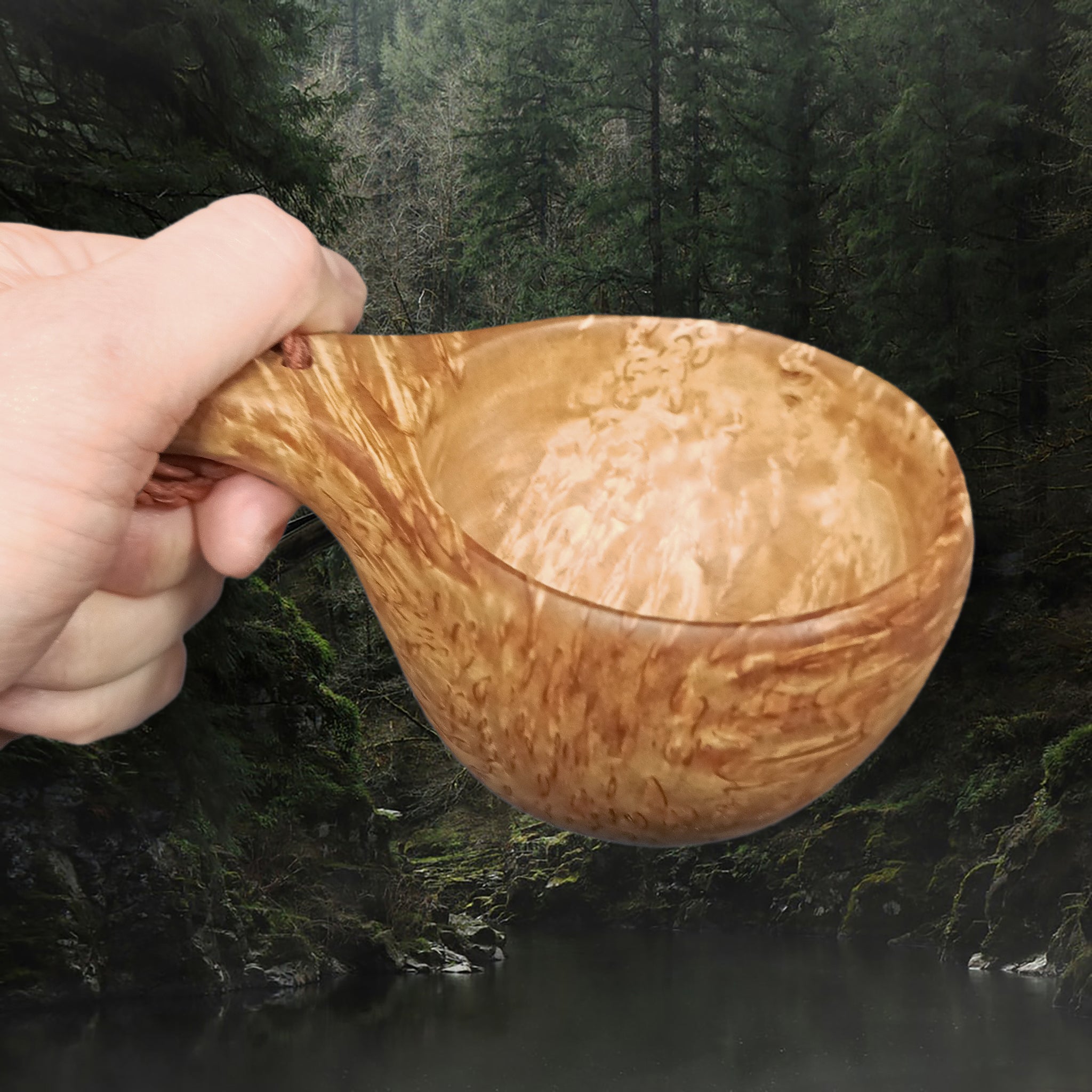 Handmade Saami Kuksa Cup Carved From a Birch Wood Curl in Hand - Angle View