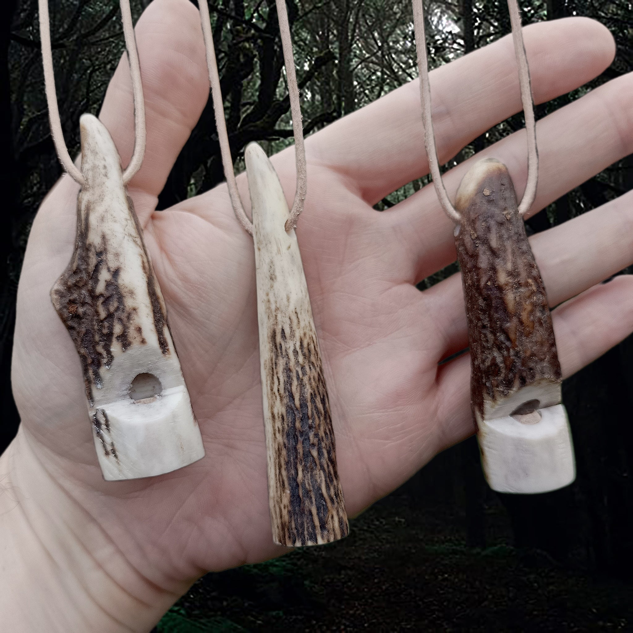 Handmade Scottish Red Deer Antler Whistle on Leather Thongs on Hand - Front and Back Views