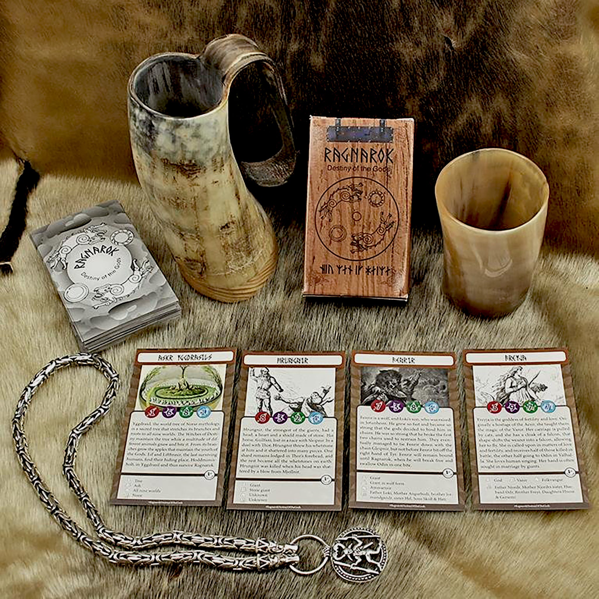 Ragnarok Destiny of the Gods - Norse Mythology Card Game with Horn Mugs and Thors Hammer Necklace Display