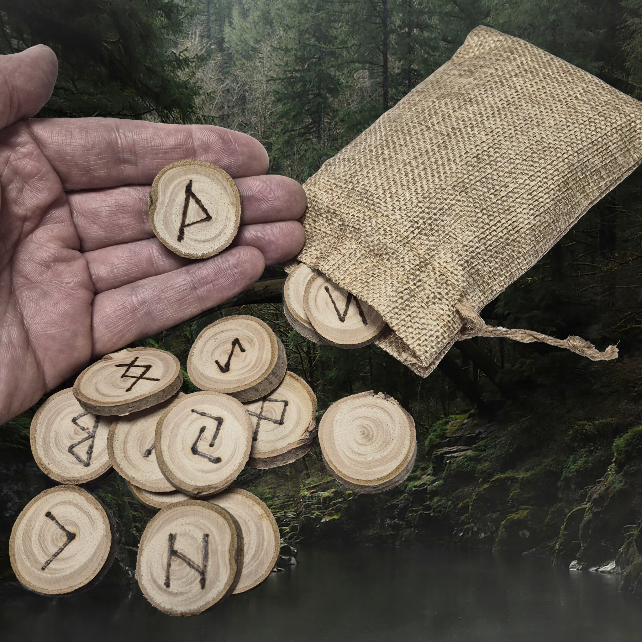 Complete Elder Futhark White Willow Rune Set with Hessian Pouch and Hand for Scale
