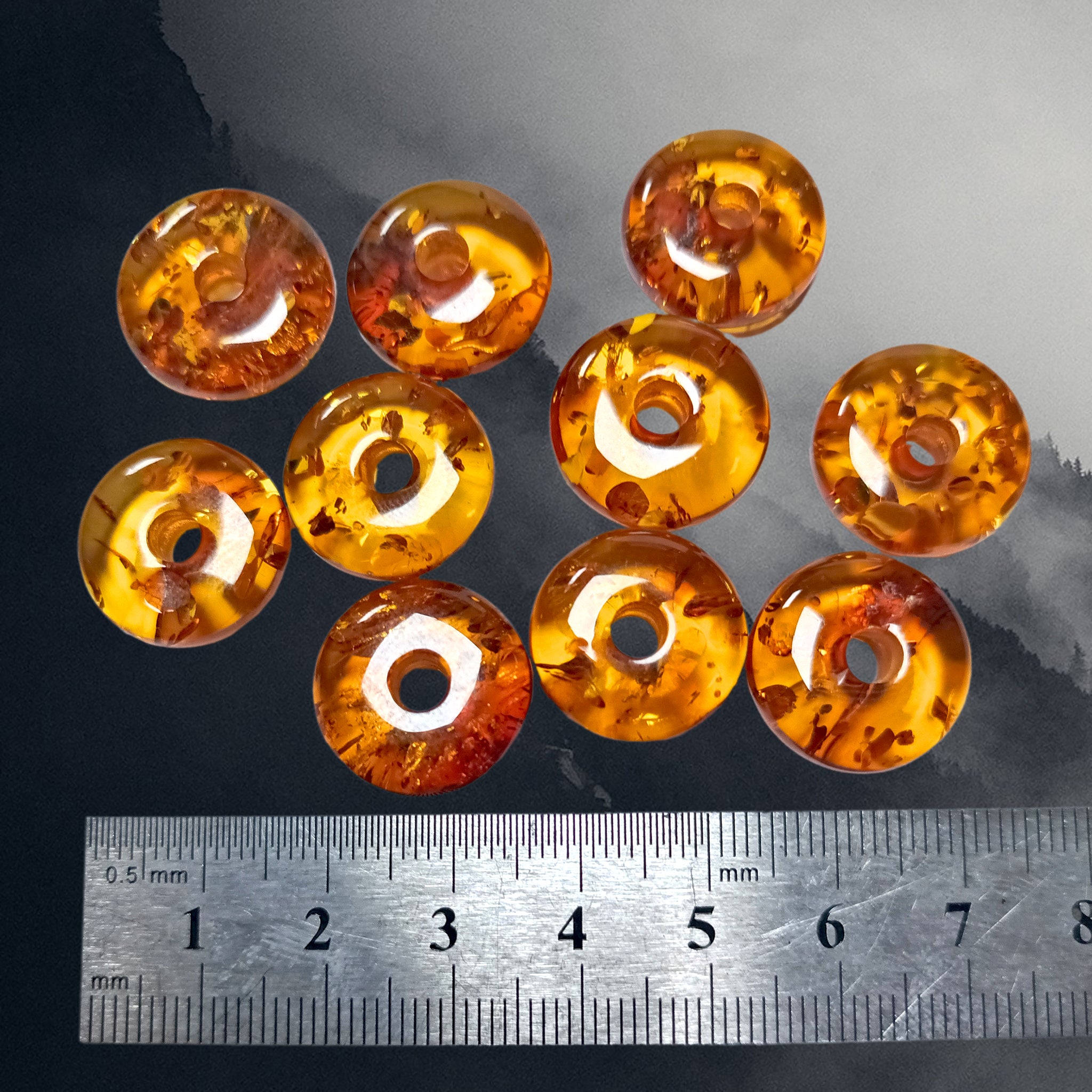 Polished Amber Donut Beads with Scale