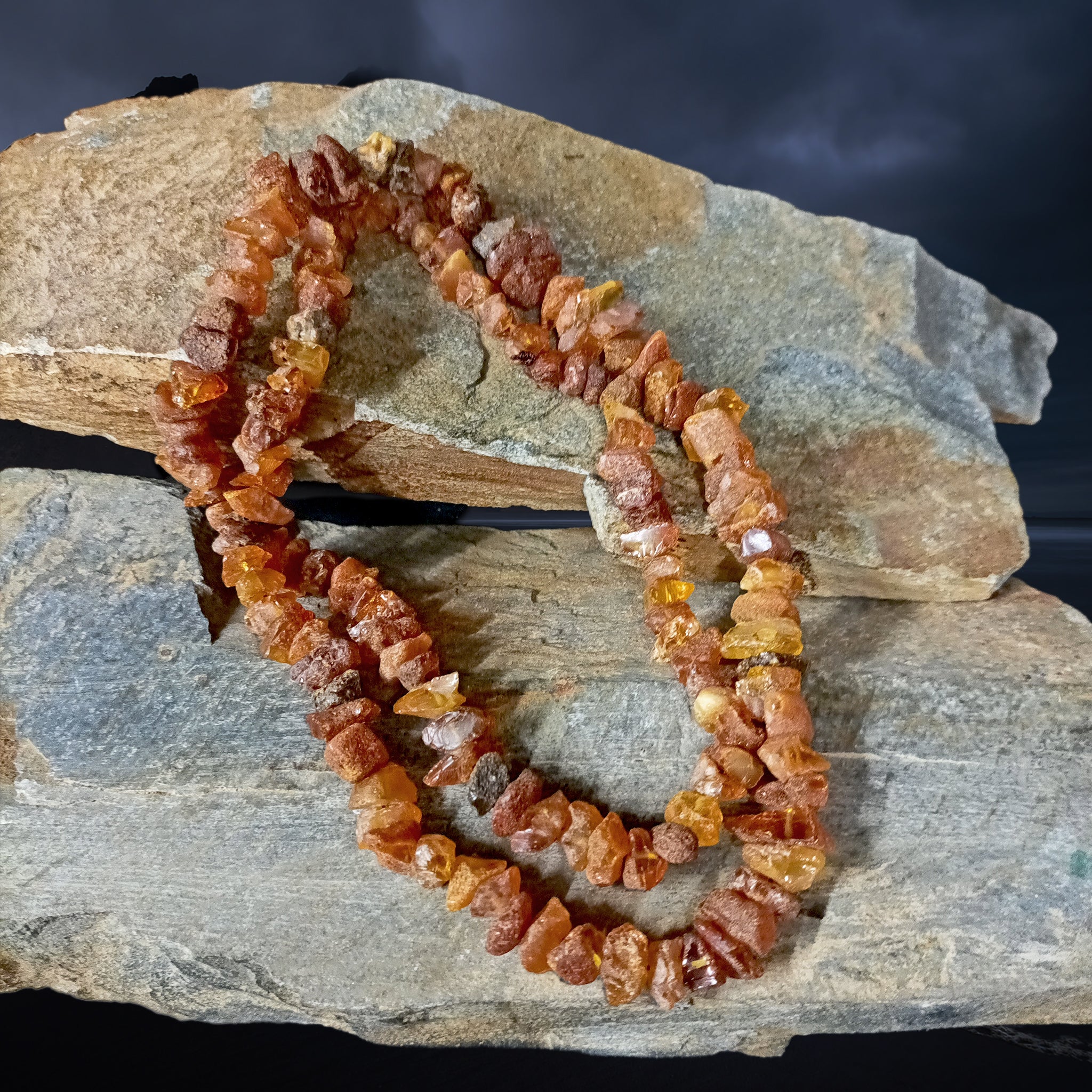 Amber Viking Necklace, Made From Unpolished Raw Amber Chips on Rock