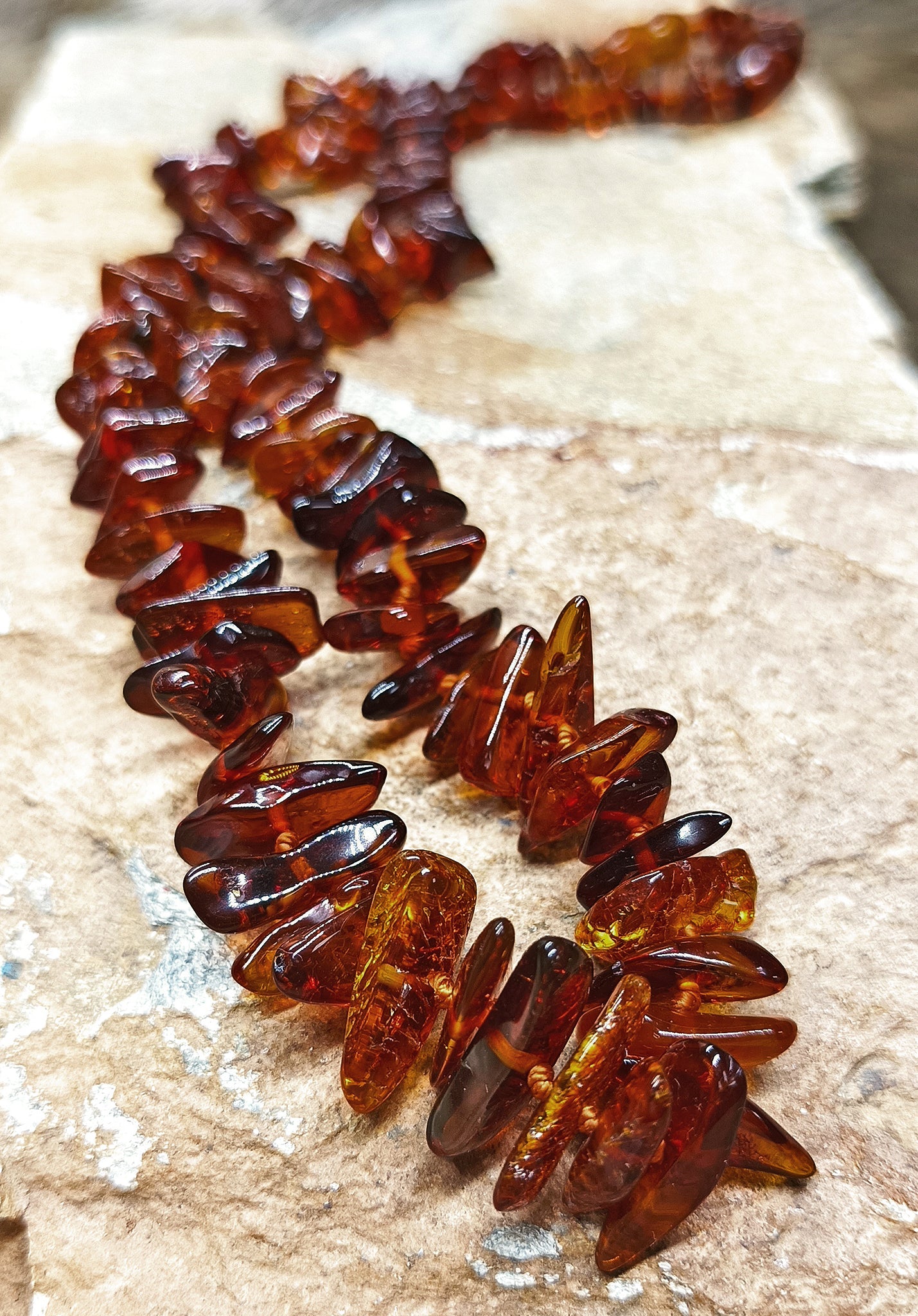 Amber Viking Necklace, Made From Cut and Polished Dark Amber Chips on Rock
