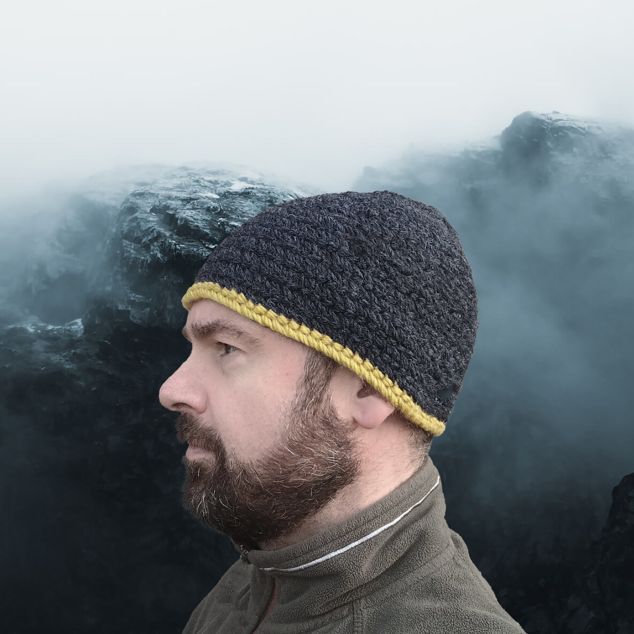 Wool Viking Nalbinding Hat - Dark Grey with Yellow Band