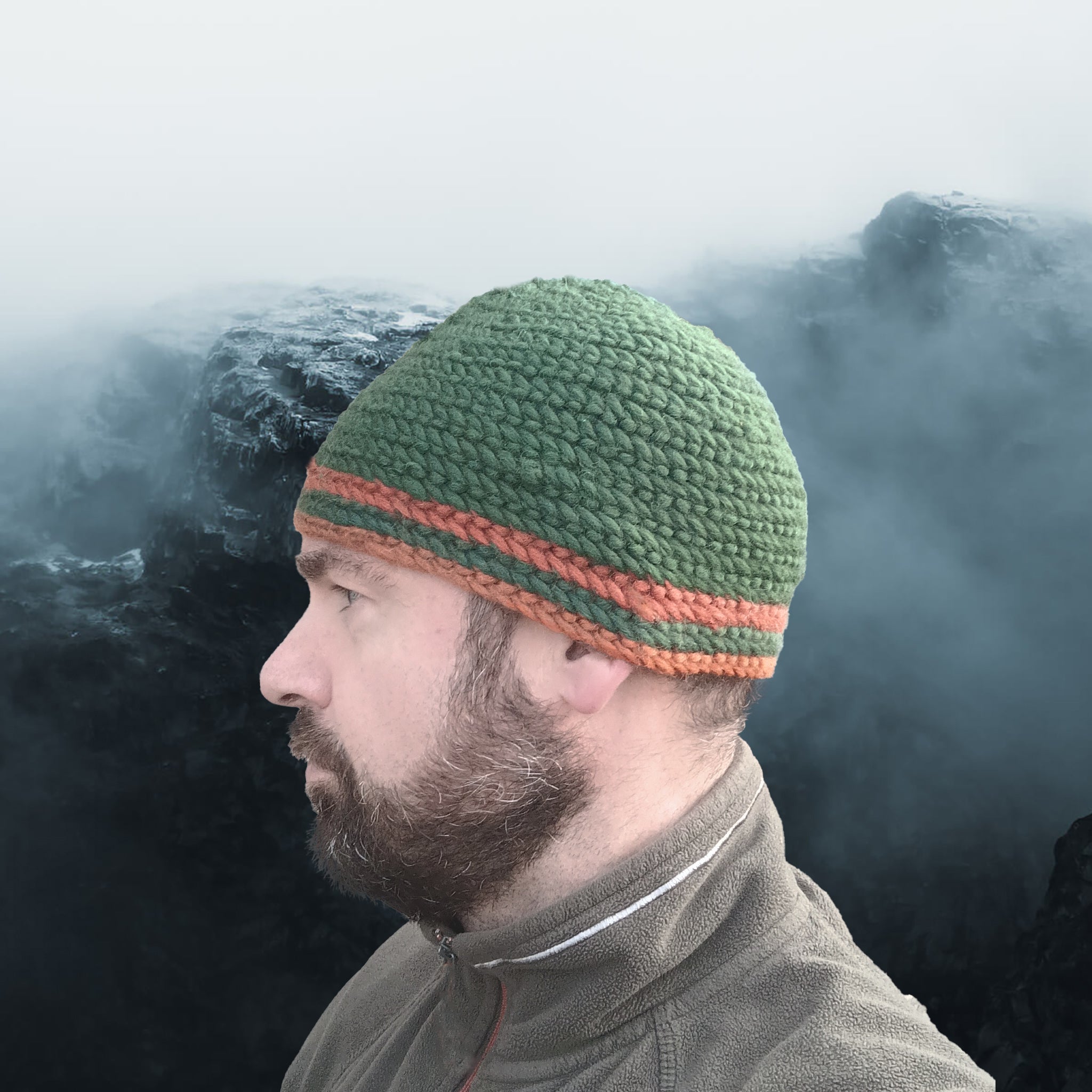 Wool Viking Nalbinding Hat - Green with Orange Bands