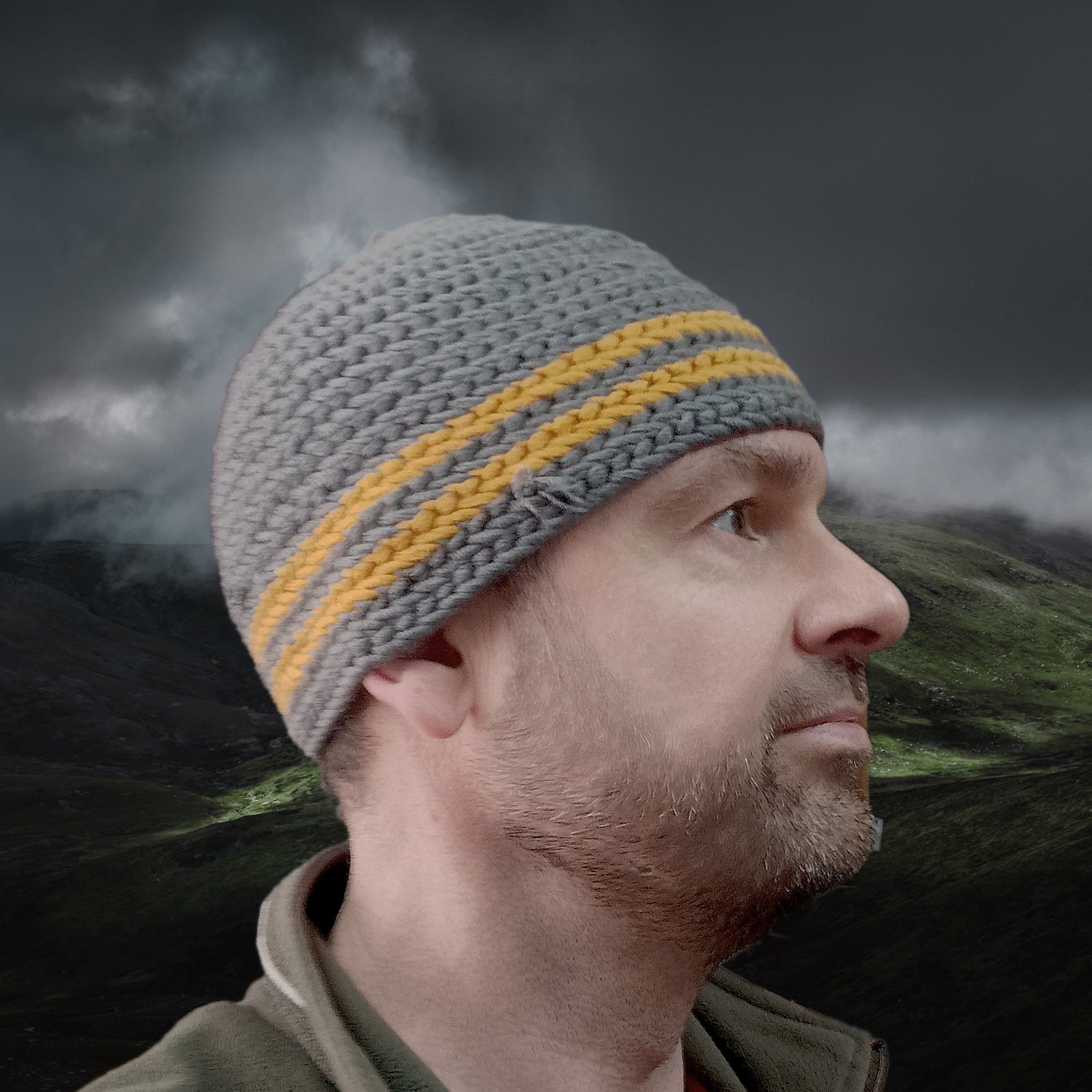 Handmade Wool Viking Nalbinding Hat - Grey with Yellow Bands