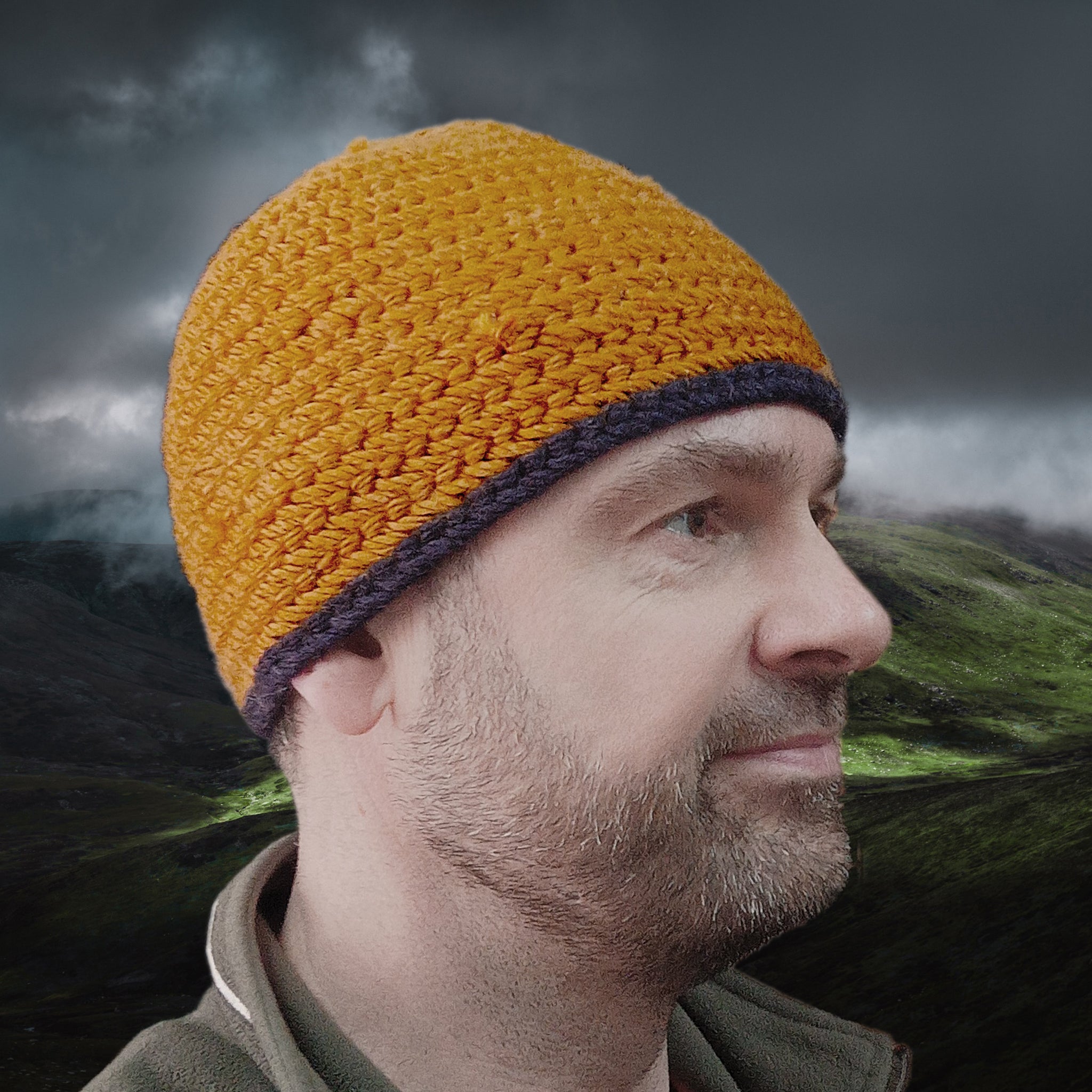 Handmade Wool Viking Nalbinding Hat - Orange with Purple Rim