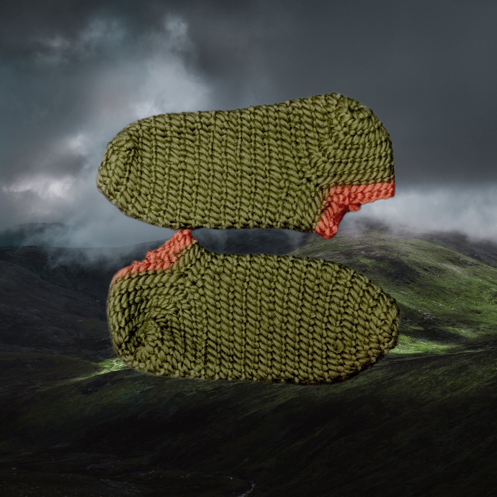 Wool Viking Nalbinding Socks made from green wool with brown / orange wool tops