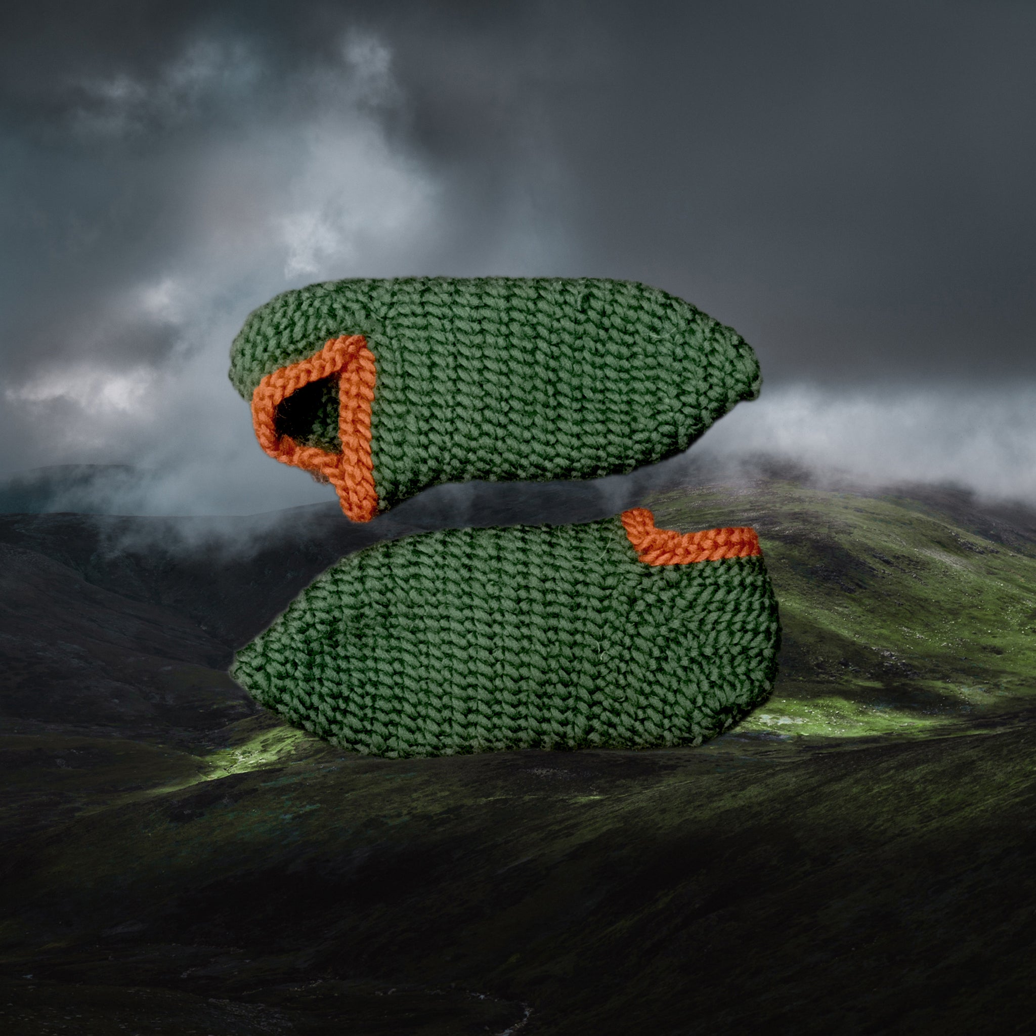 Wool Viking Nalbinding Socks made from Green Wool with Orange Wool Tops