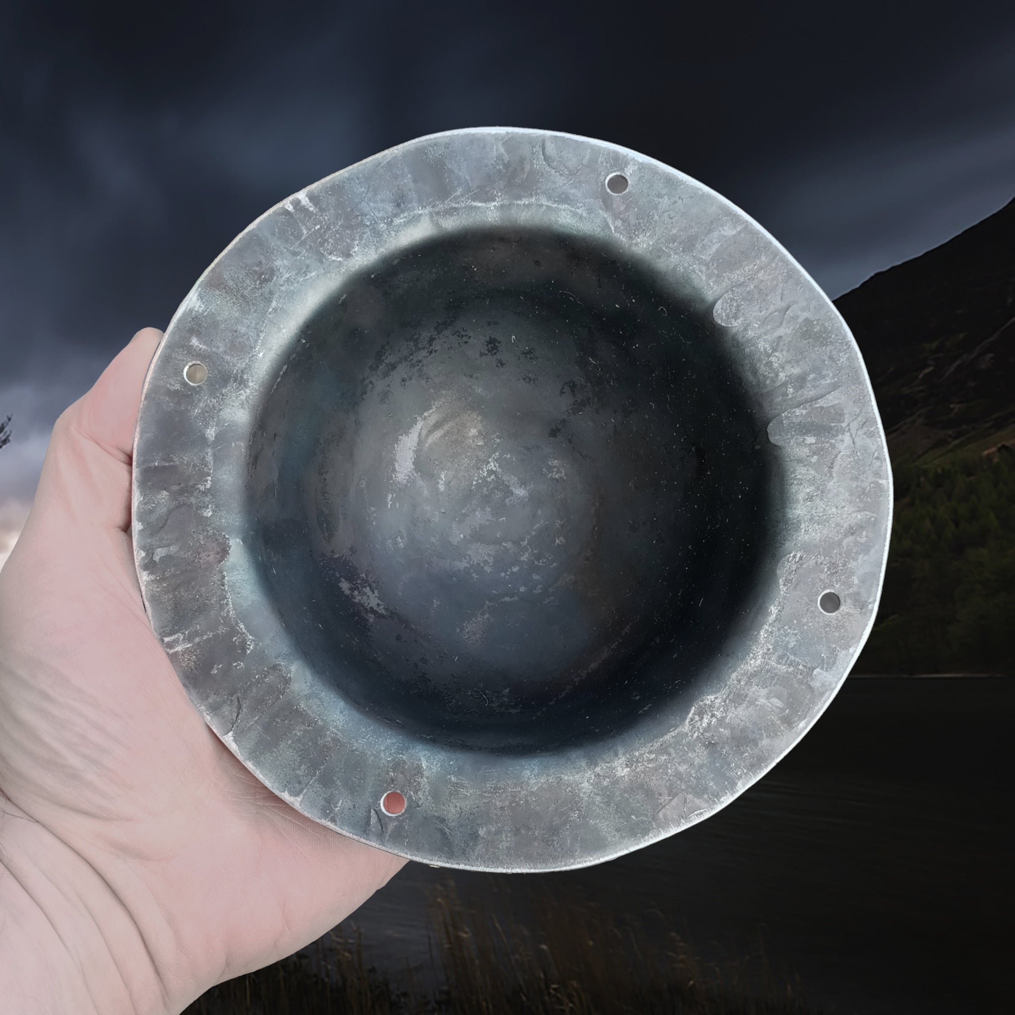 Medium, Blackened Domed Viking Shield Boss in Hand - Back Inside View