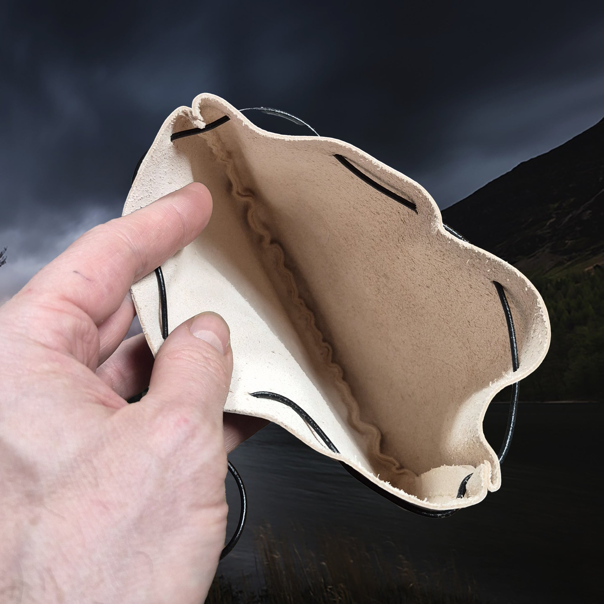 Large Natural Veg-Tan Leather Viking Pouch with Leather Drawstring in Hand - Inside View