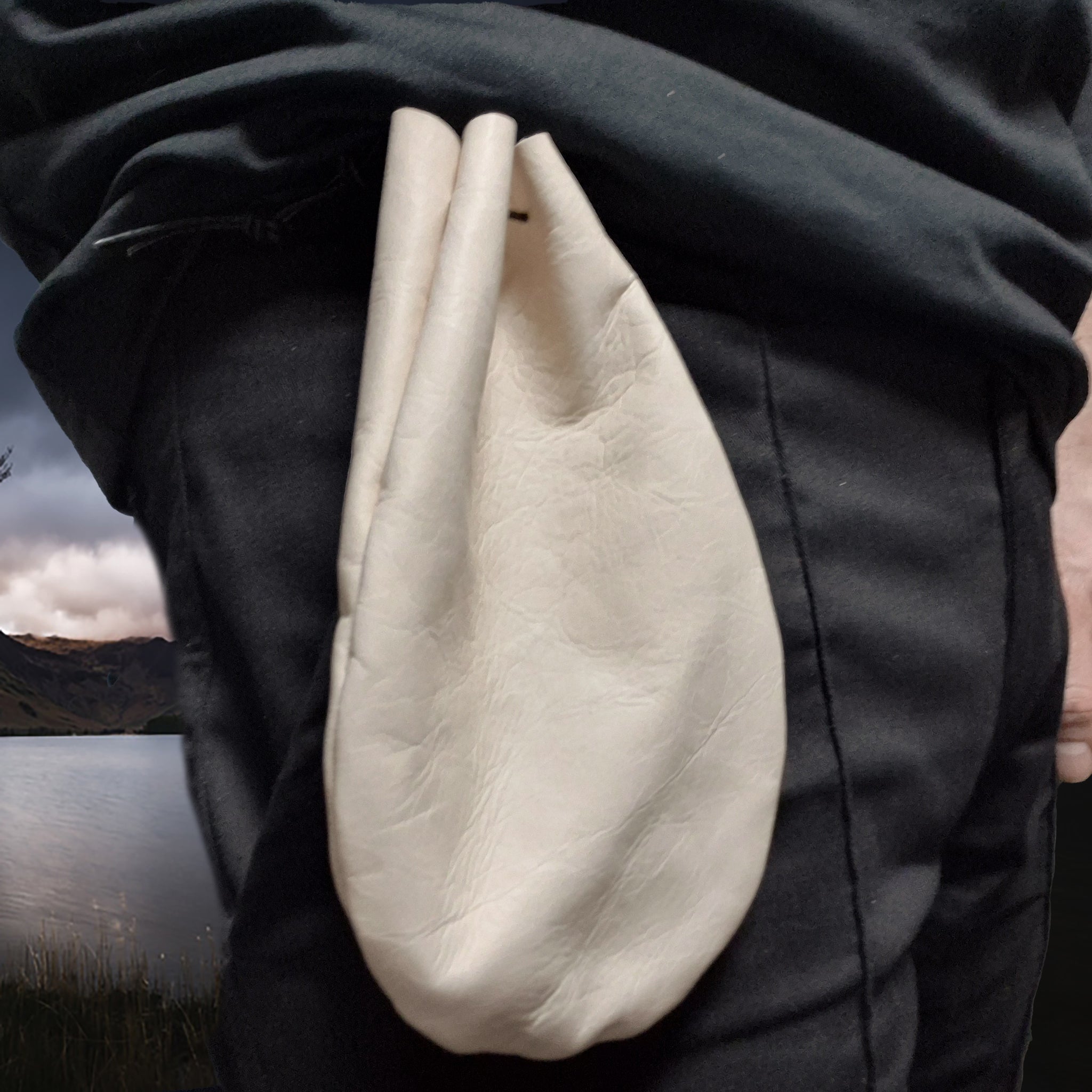 Medium Sized Natural Veg-Tan Leather Viking Pouch with Leather Drawstring - Tied on Belt