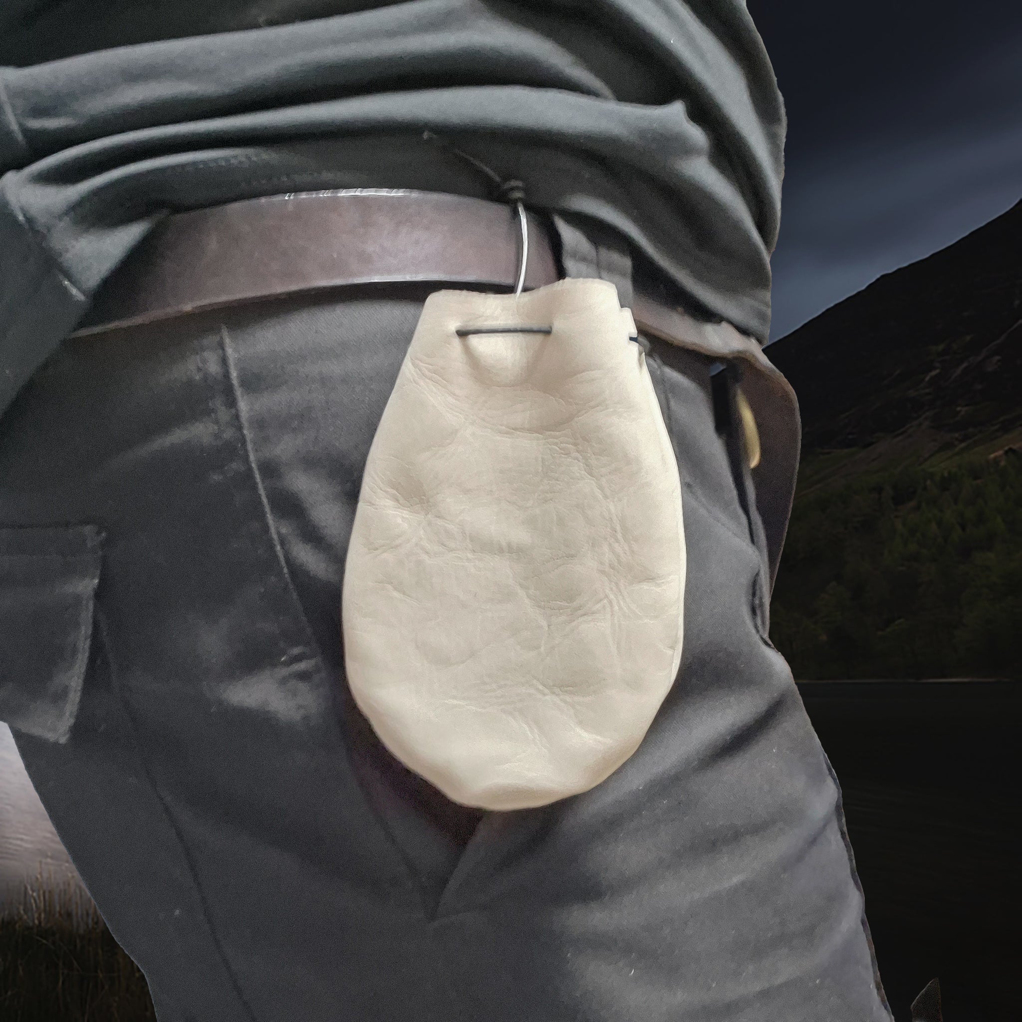 Natural Veg-Tan Leather Viking Pouch with Leather Drawstring Tie Attached to Belt