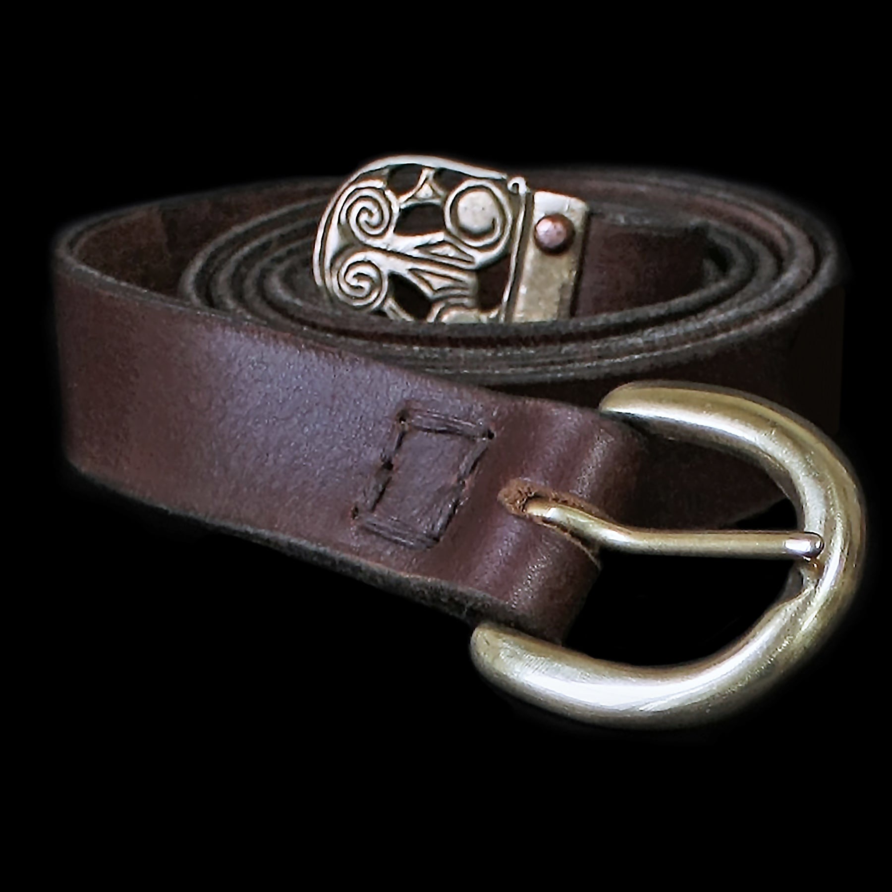 Hiberno Norse Bronze Viking Strap End on Brown Leather Belt with Plain Brass Buckle