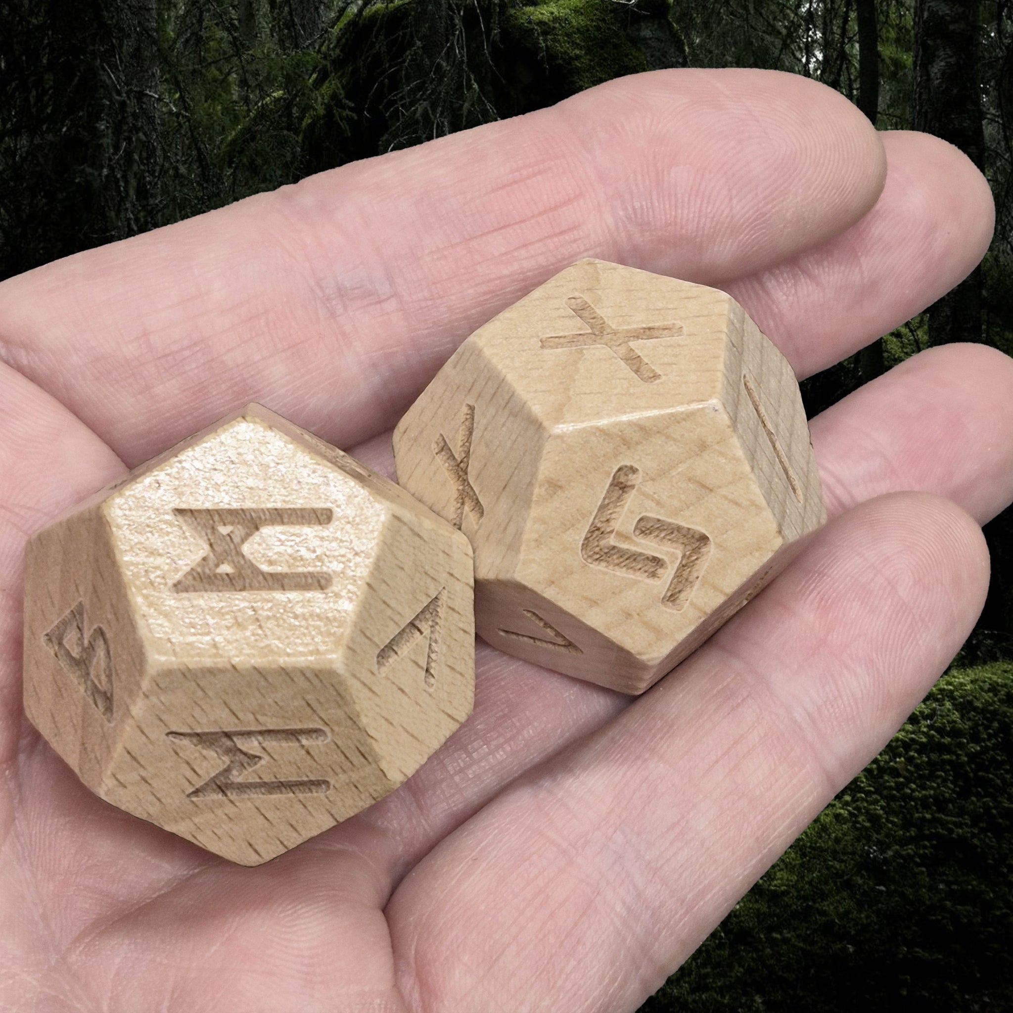 Elder Futhark Huge Wooden Runic Dice Set on Hand - Close Up