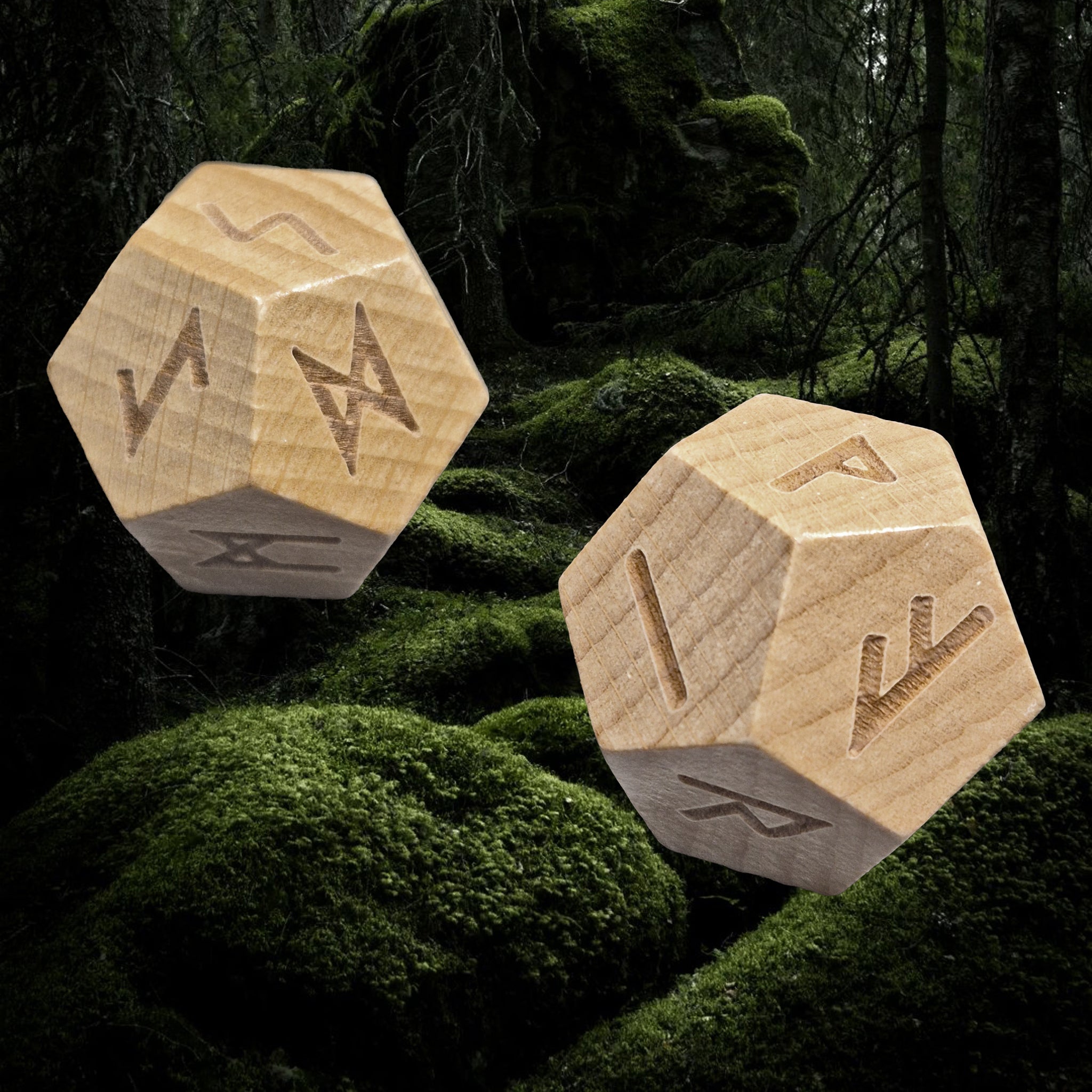 Elder Futhark Huge Wooden Runic Dice Set Showing Sowilo and Wunjo on Tp