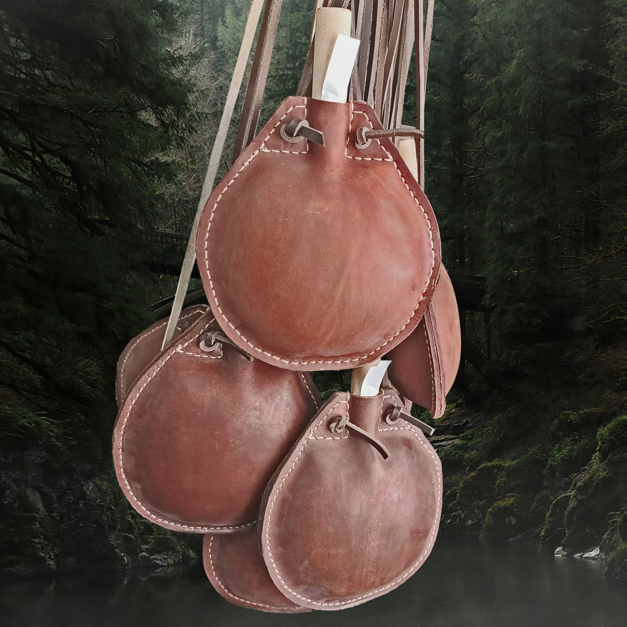 Large Handmade Leather Water Bottles with Leather Straps and Wooden Stoppers- Hanging Examples
