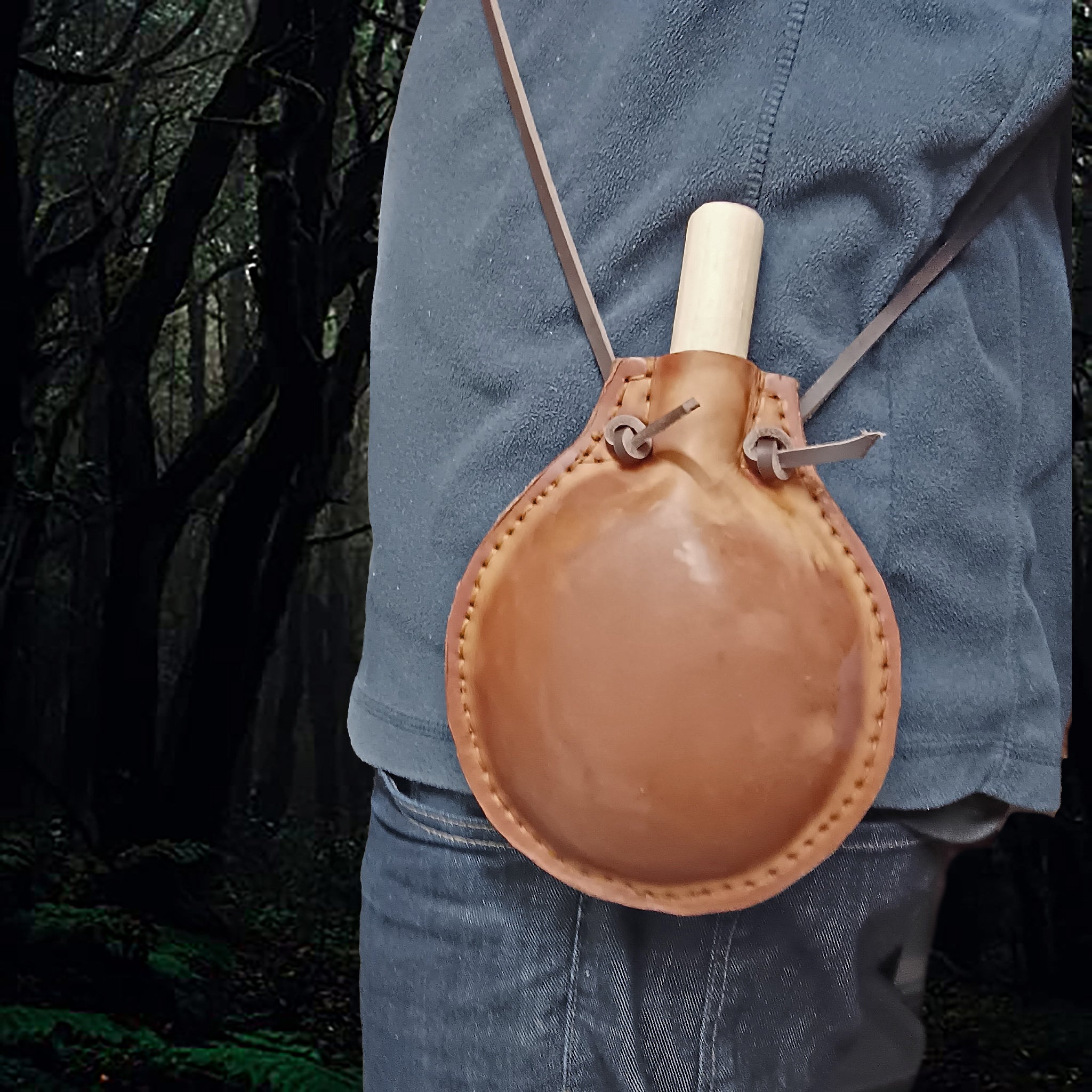 Medium Handmade Leather Water Bottle with Leather Strap - Wearing on Shoulder