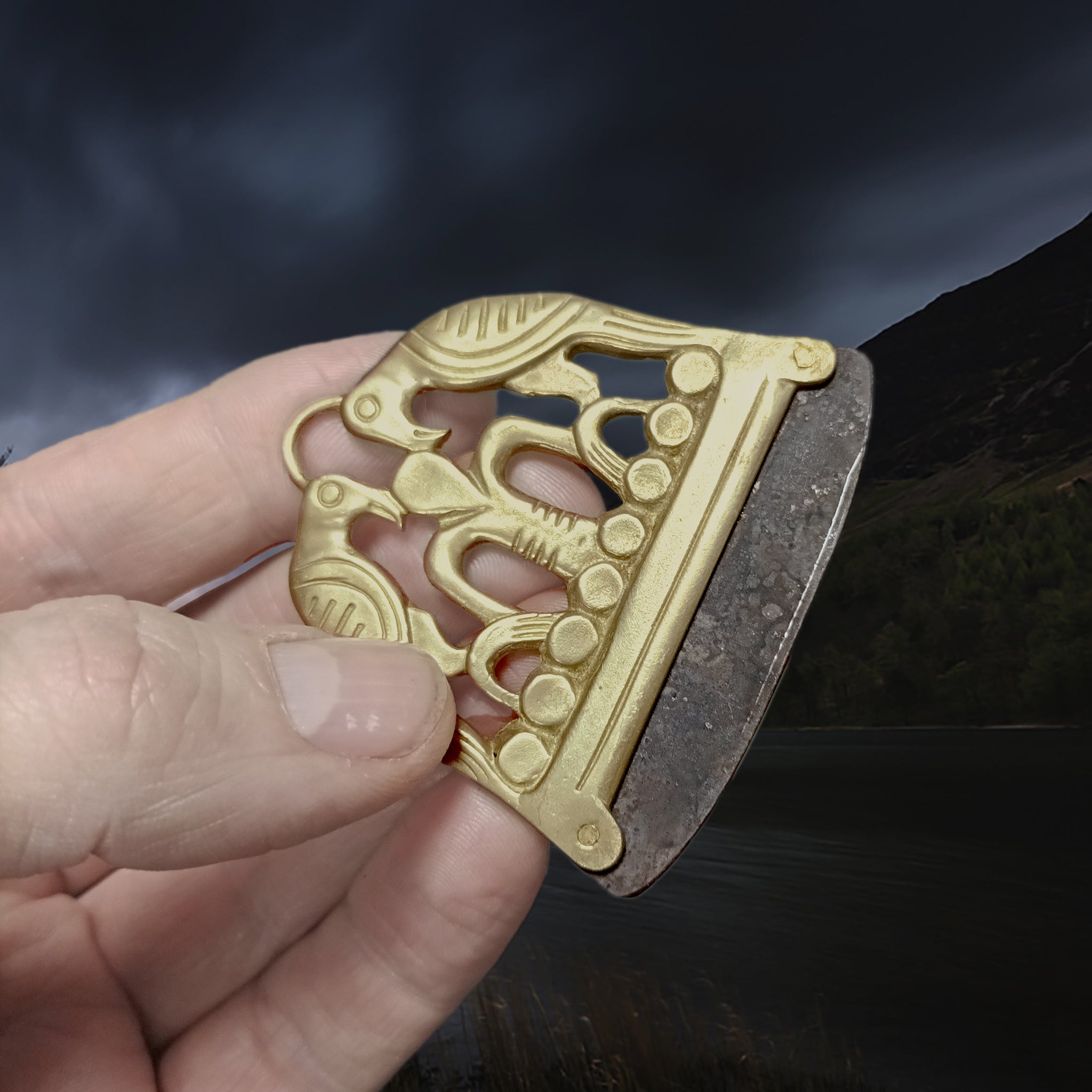 Bronze Viking Fire Steel Replica with Odin & Ravens Design in Fingers