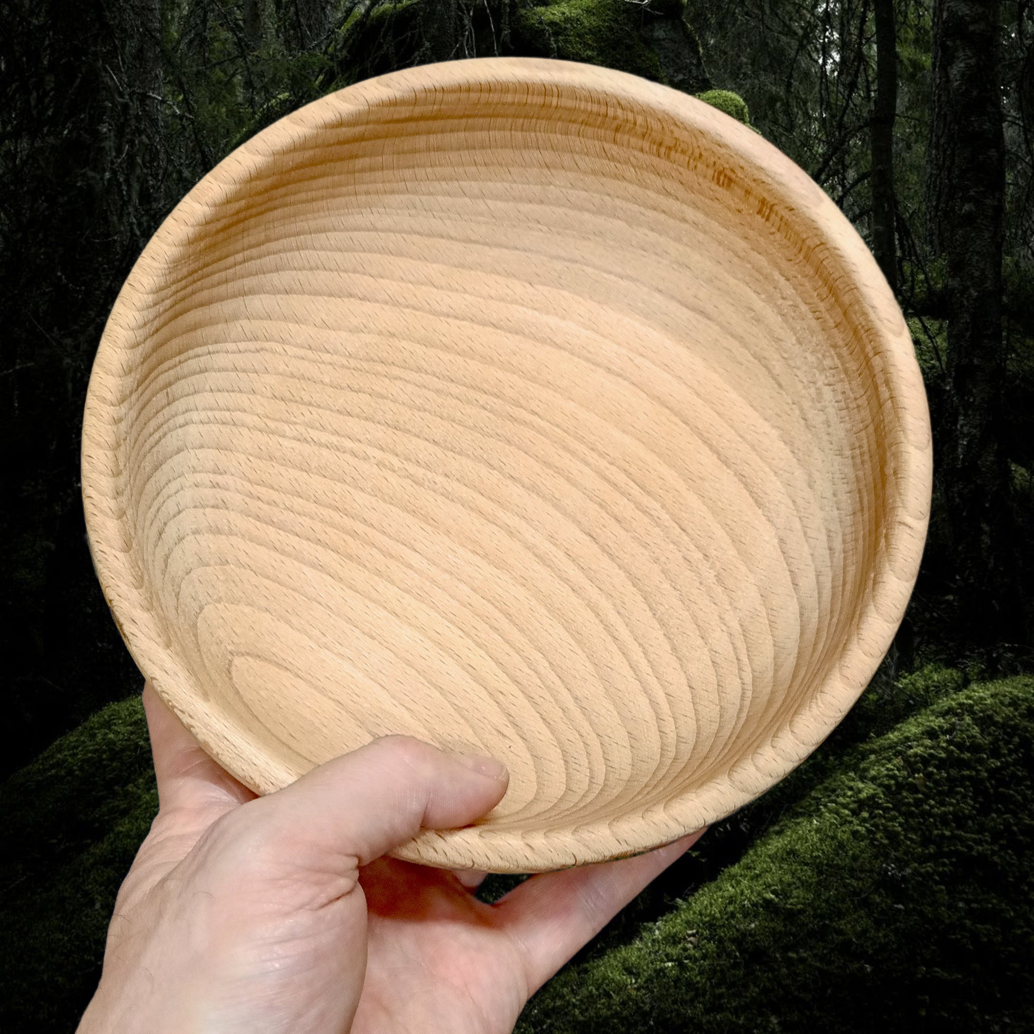 Large, Hand-Turned Medieval Wooden Bowl in hand - Top View