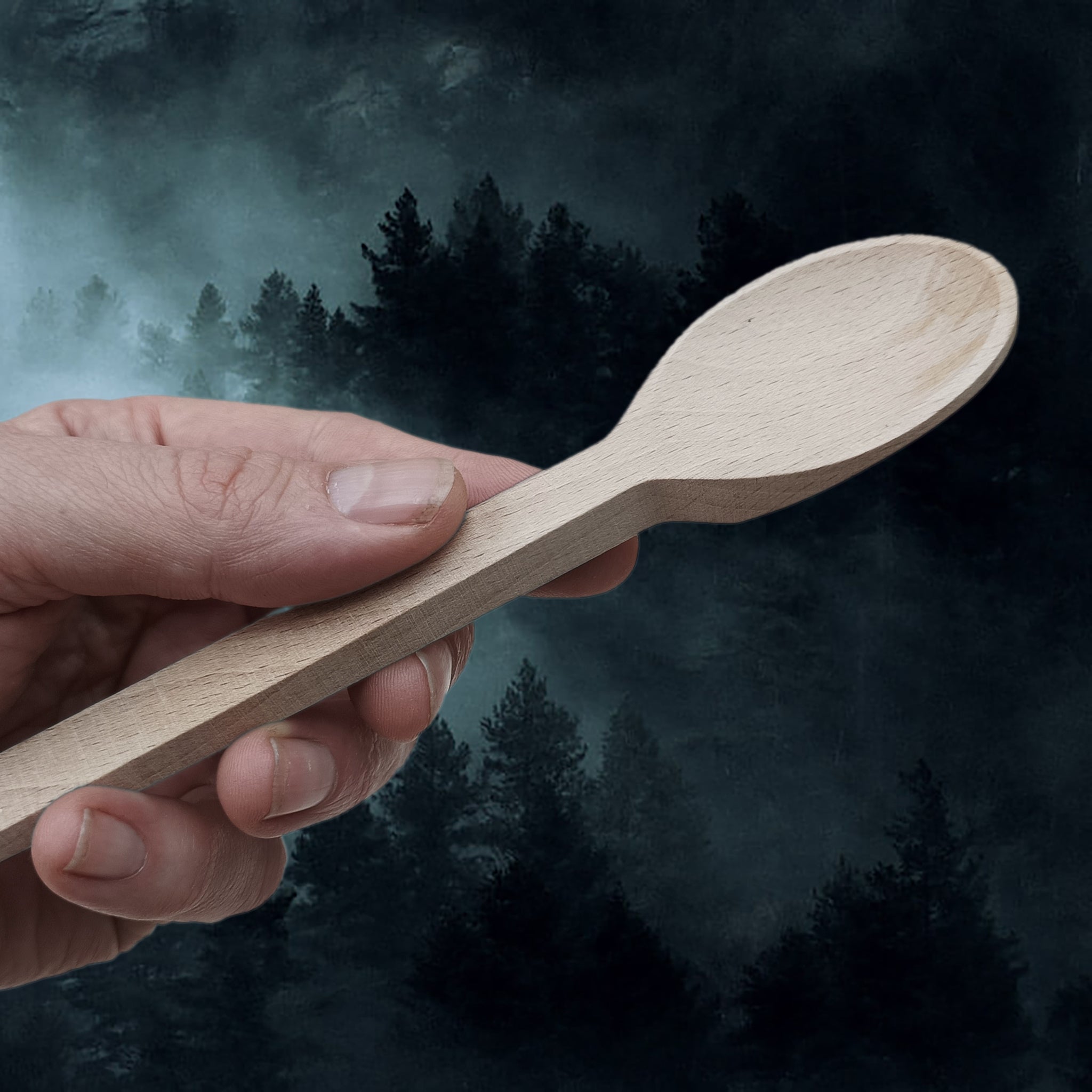 Large Wooden Viking / Medieval Spoon in Hand - Angle View Facing Up